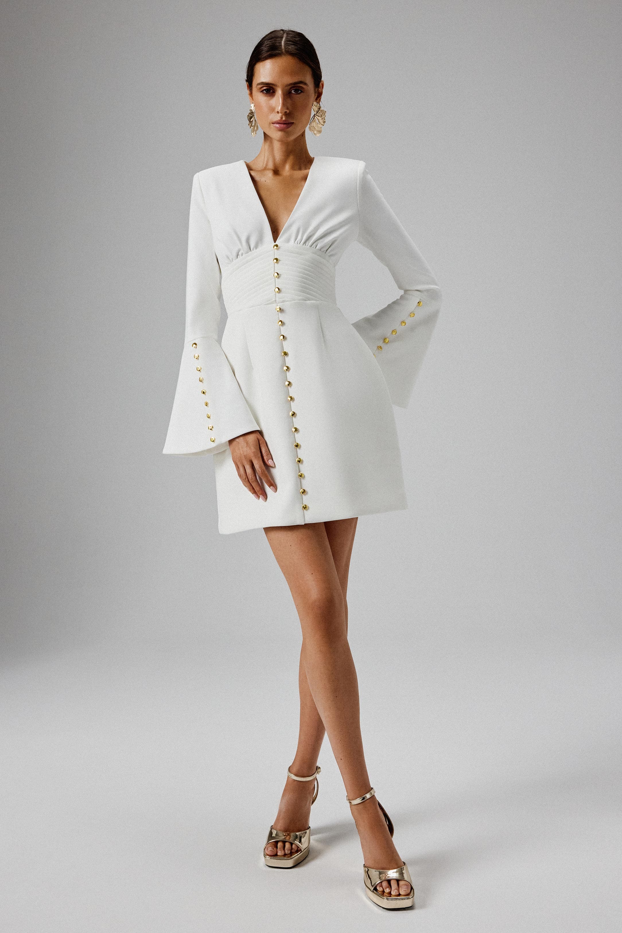 LARA Fluted Sleeve Micro Shell Button Mini Dress in White