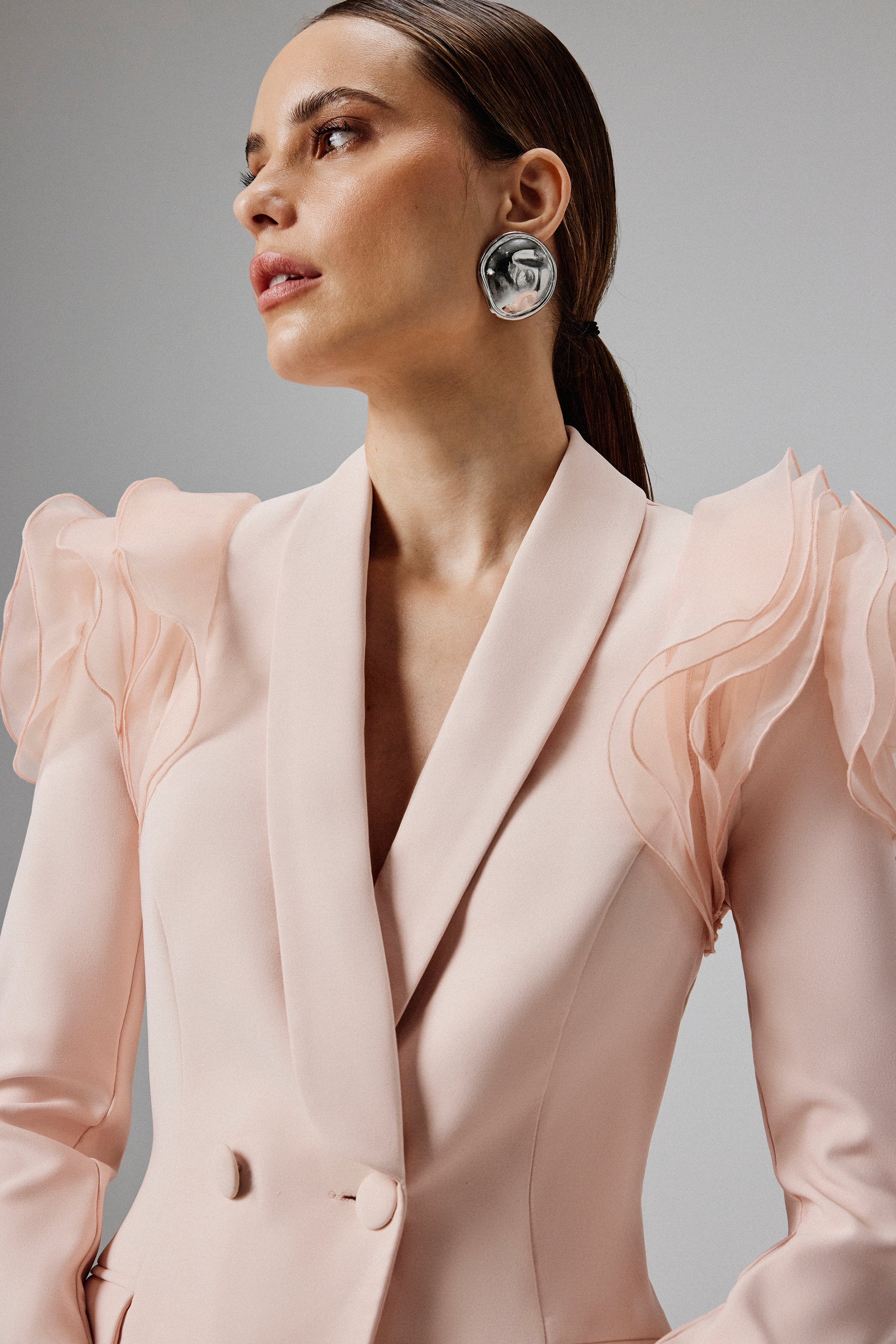 IVY Organza Rose Sleeve Blazer in Light Pink