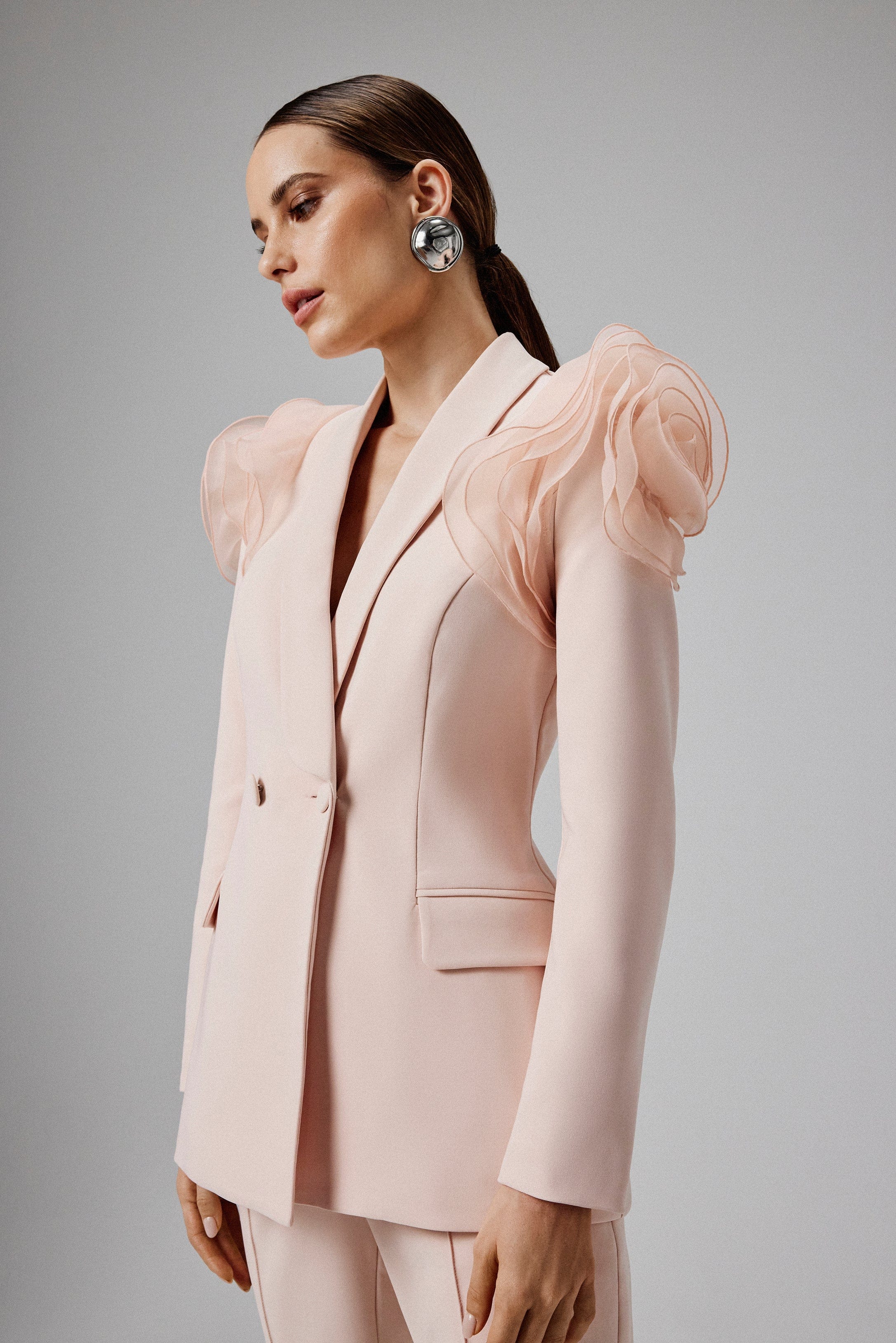 IVY Organza Rose Sleeve Blazer in Light Pink