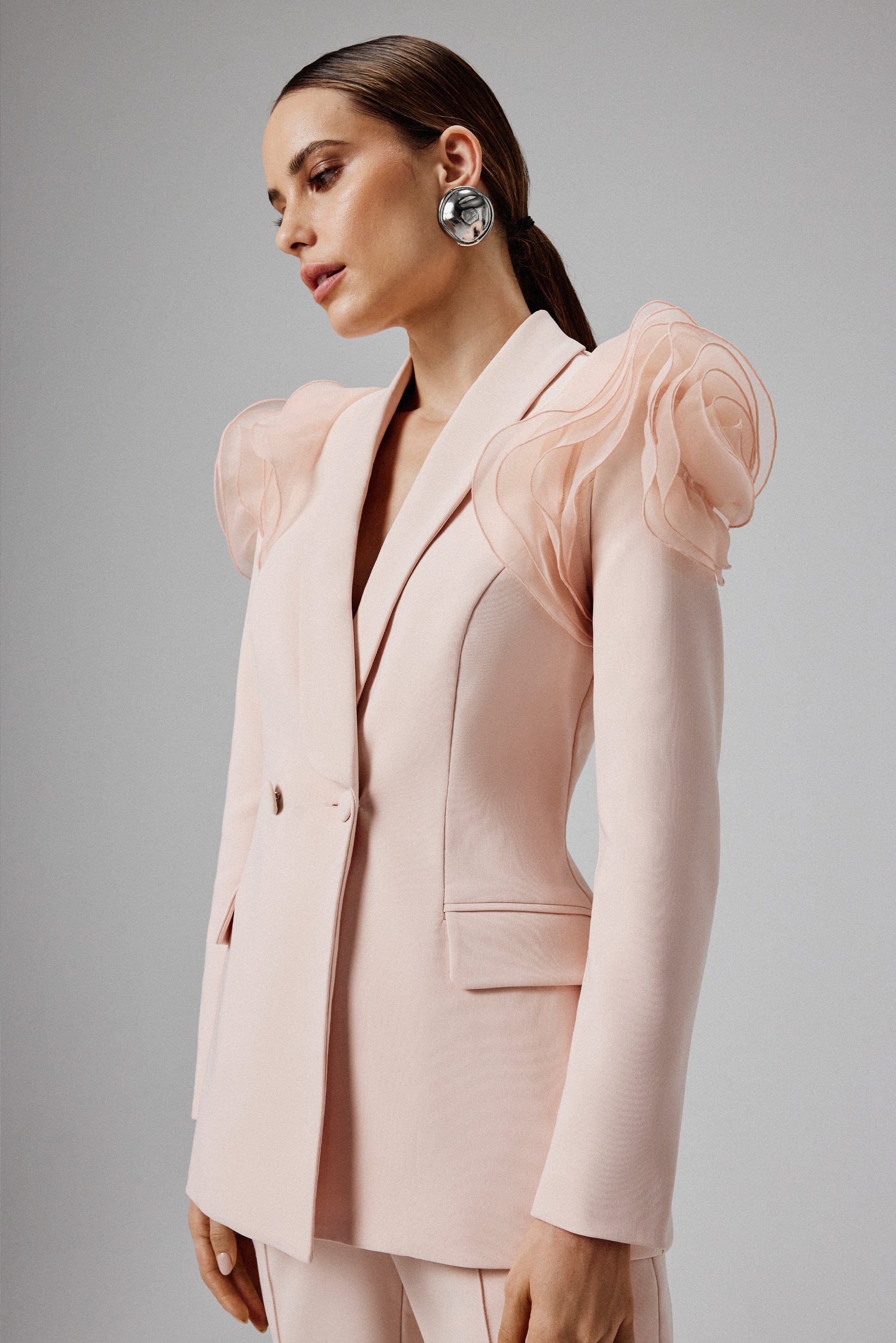 IVY Organza Rose Sleeve Blazer in Light Pink