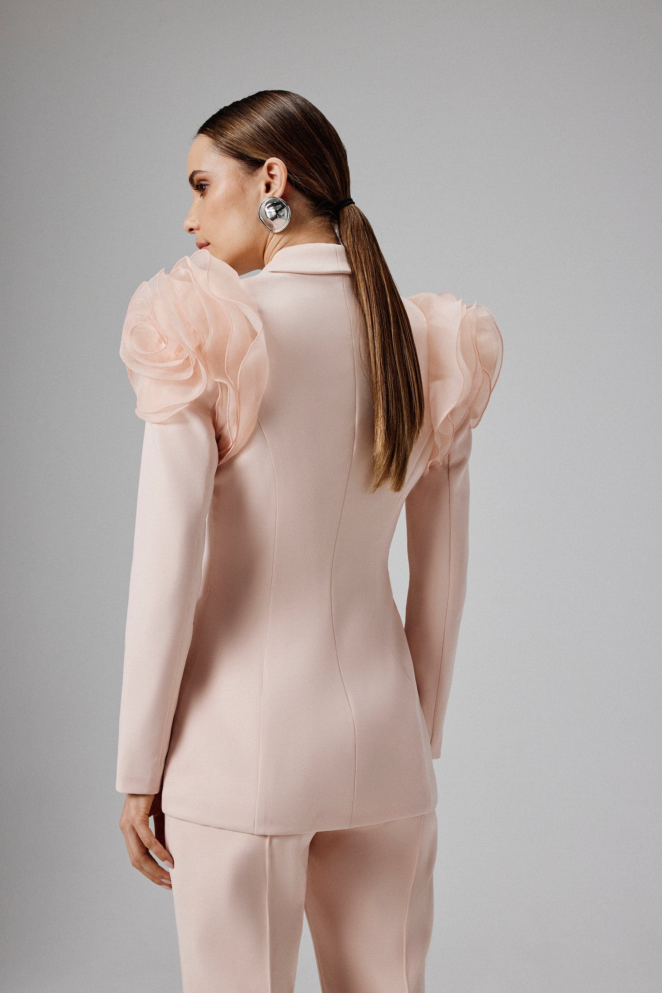 IVY Organza Rose Sleeve Blazer in Light Pink