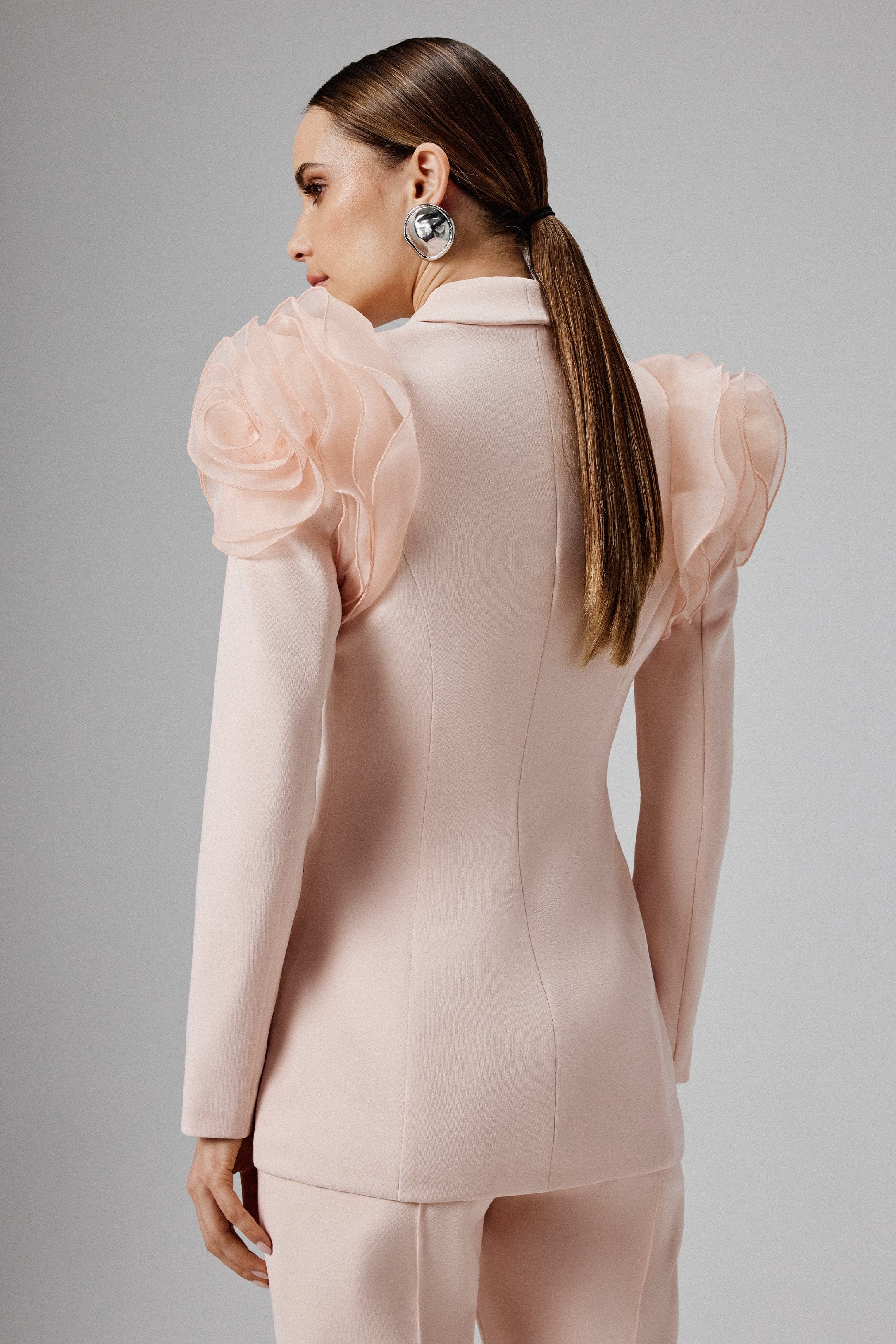 IVY Organza Rose Sleeve Blazer in Light Pink