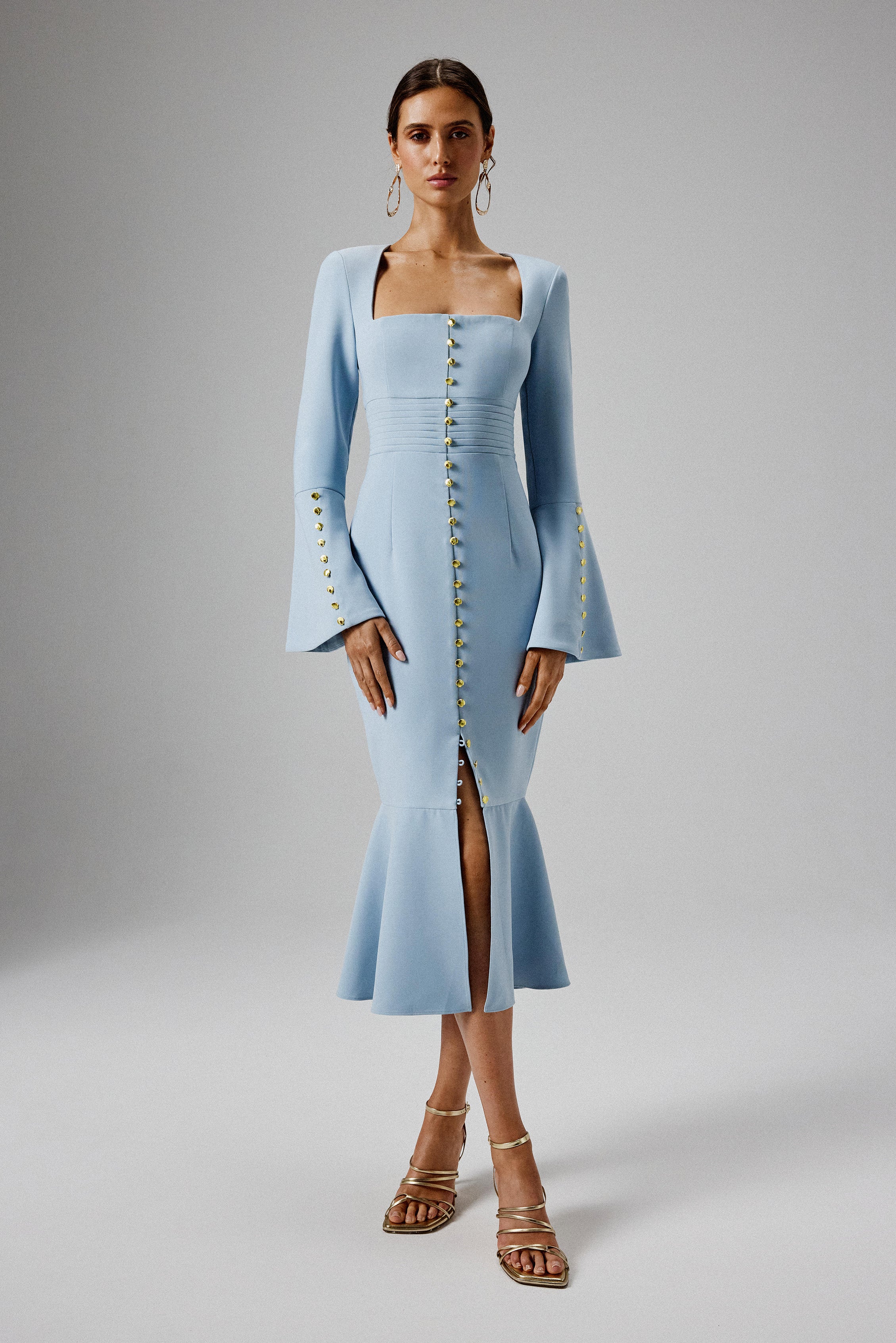 SERENA Fluted Sleeve Micro Shell Button Midi Dress in Light Blue