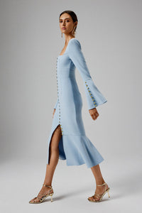 PRE-ORDER SERENA Fluted Sleeve Micro Shell Button Midi Dress in Light Blue