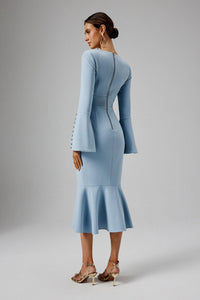 PRE-ORDER SERENA Fluted Sleeve Micro Shell Button Midi Dress in Light Blue