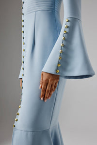 PRE-ORDER SERENA Fluted Sleeve Micro Shell Button Midi Dress in Light Blue