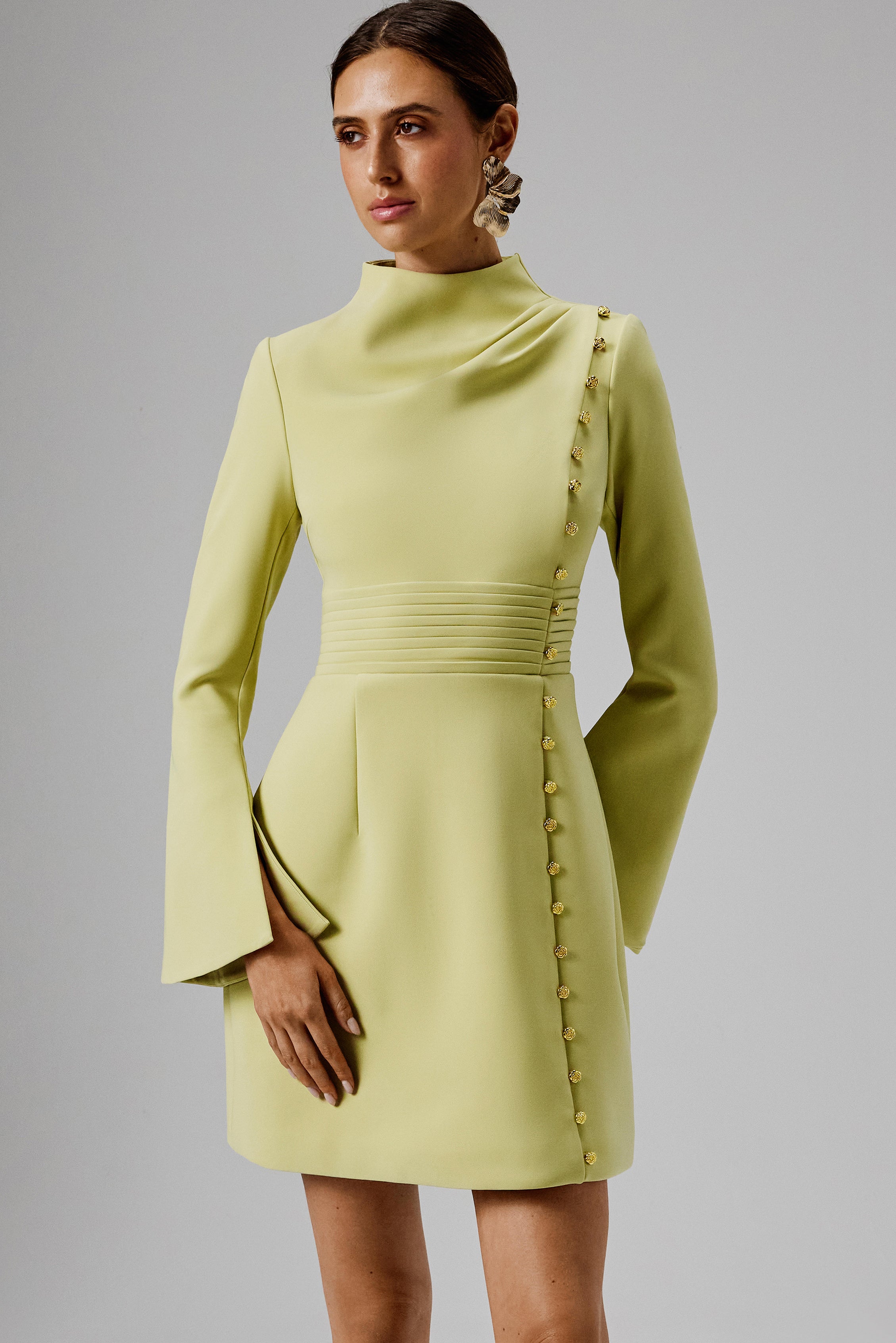 GEMMA High Neck Rose Button Long Sleeve Mini Dress in Lime