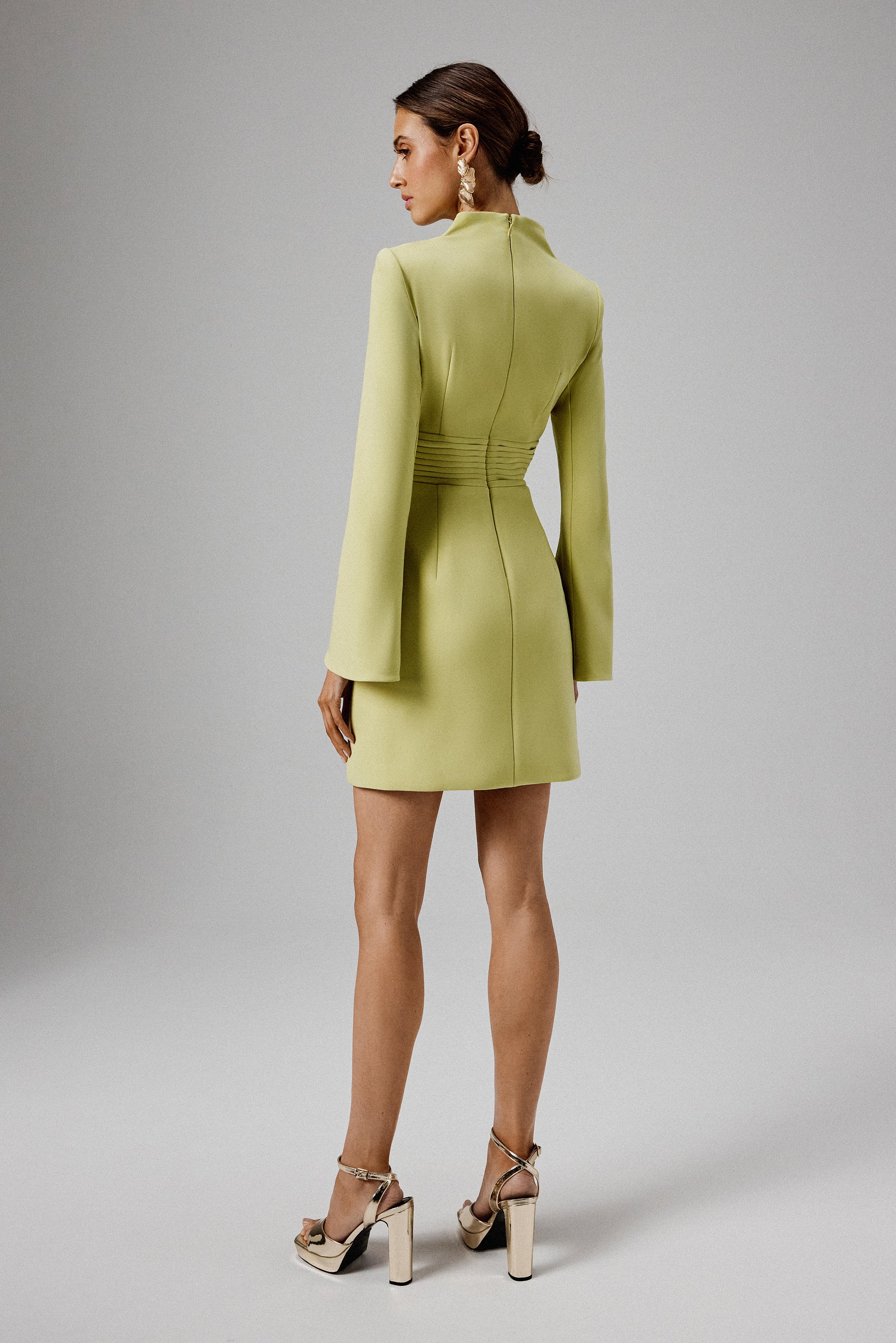 GEMMA High Neck Rose Button Long Sleeve Mini Dress in Lime