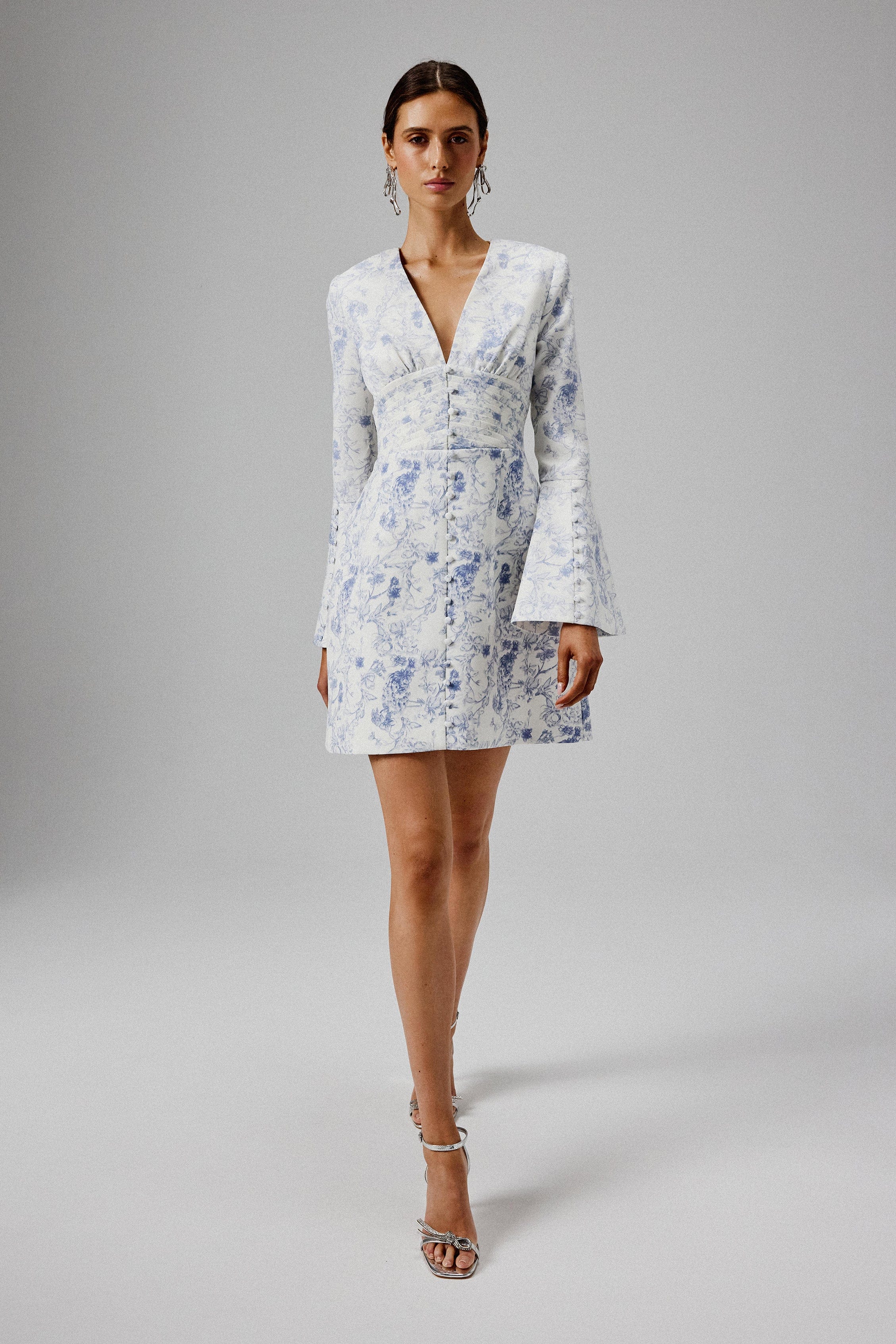 LARA Fluted Sleeve Micro Button Mini Dress in Blue Porcelain