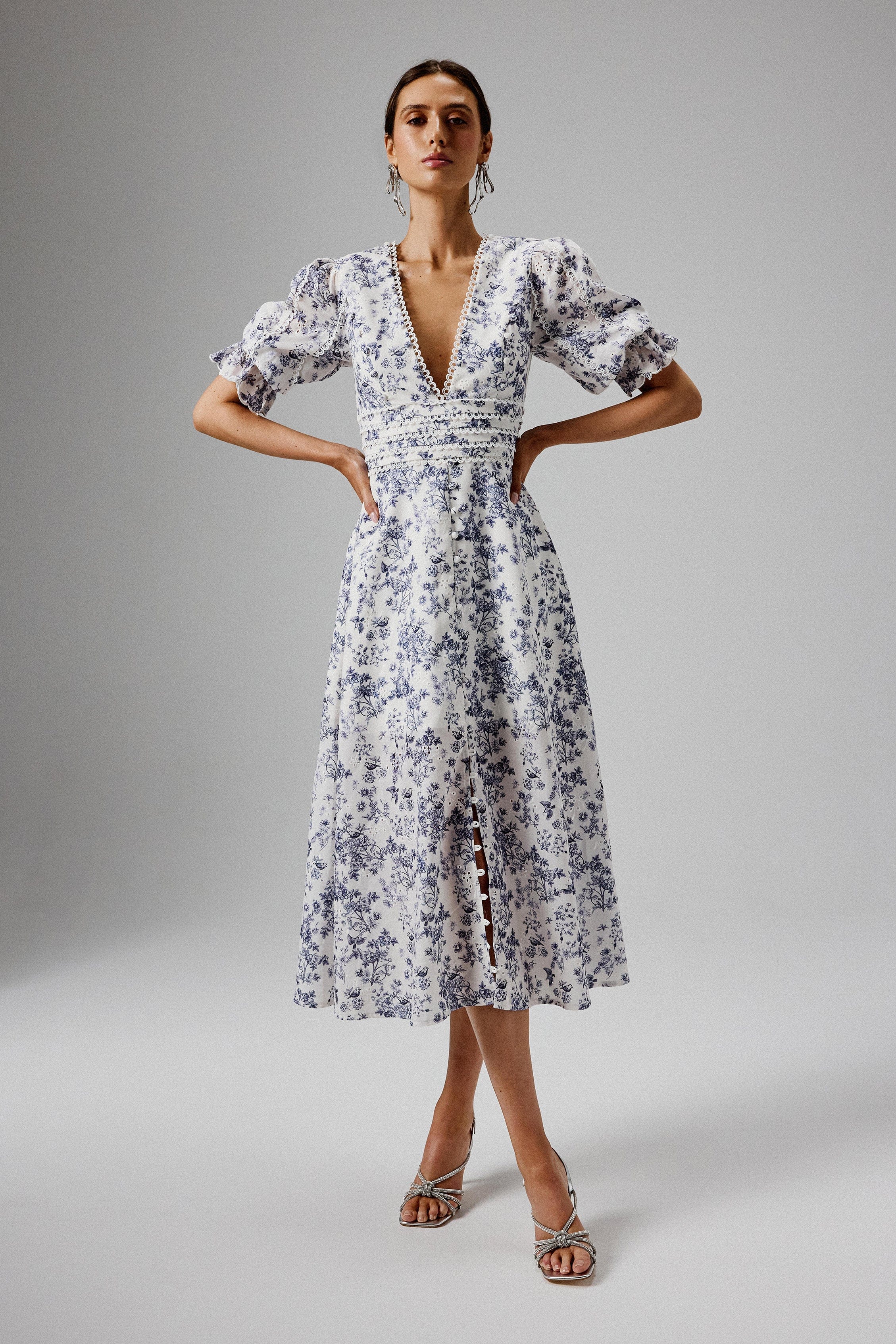 CINDY Micro Button and Loop Detail Long Midi Dress in Blue Porcelain Print