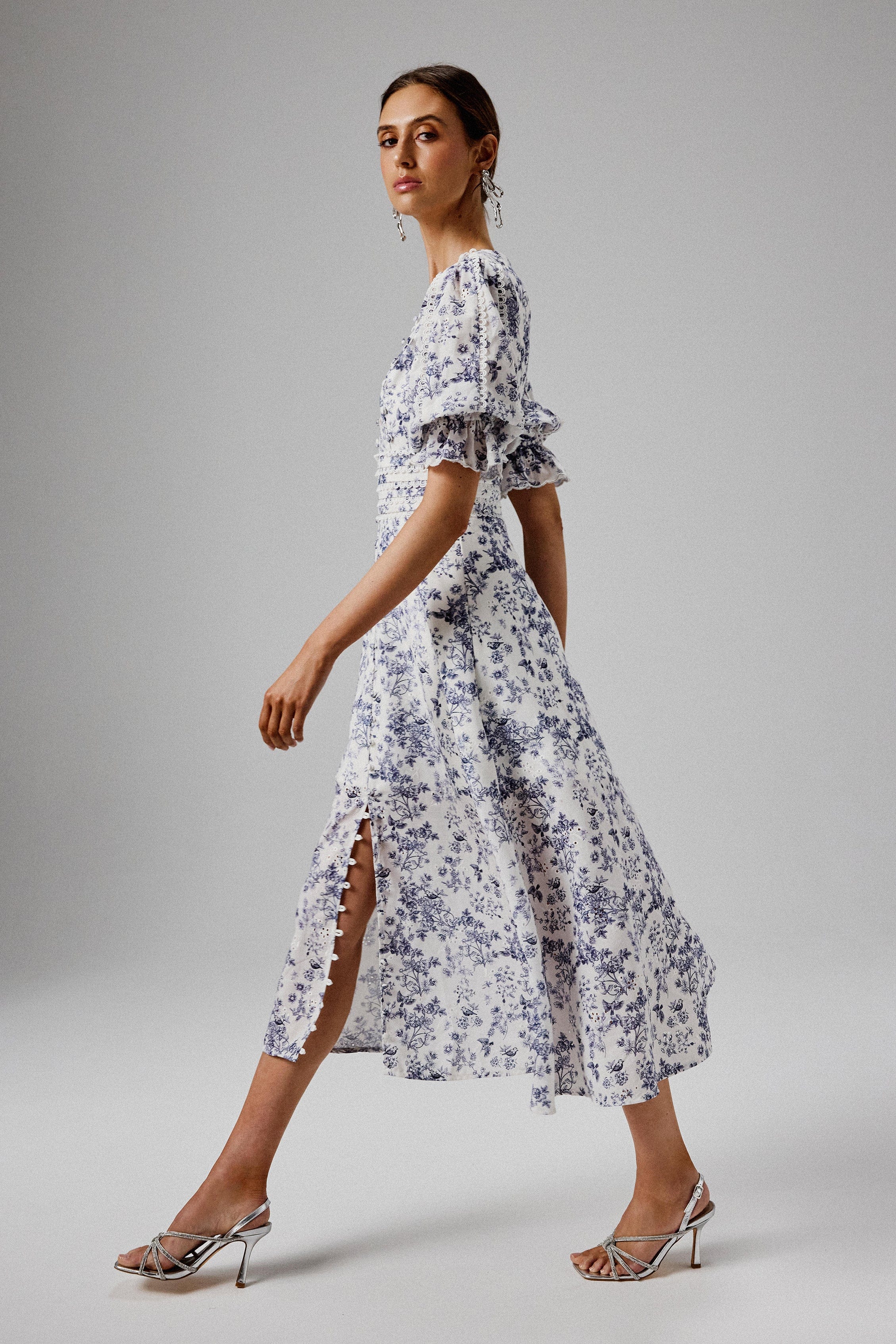 CINDY Micro Button and Loop Detail Long Midi Dress in Blue Porcelain Print