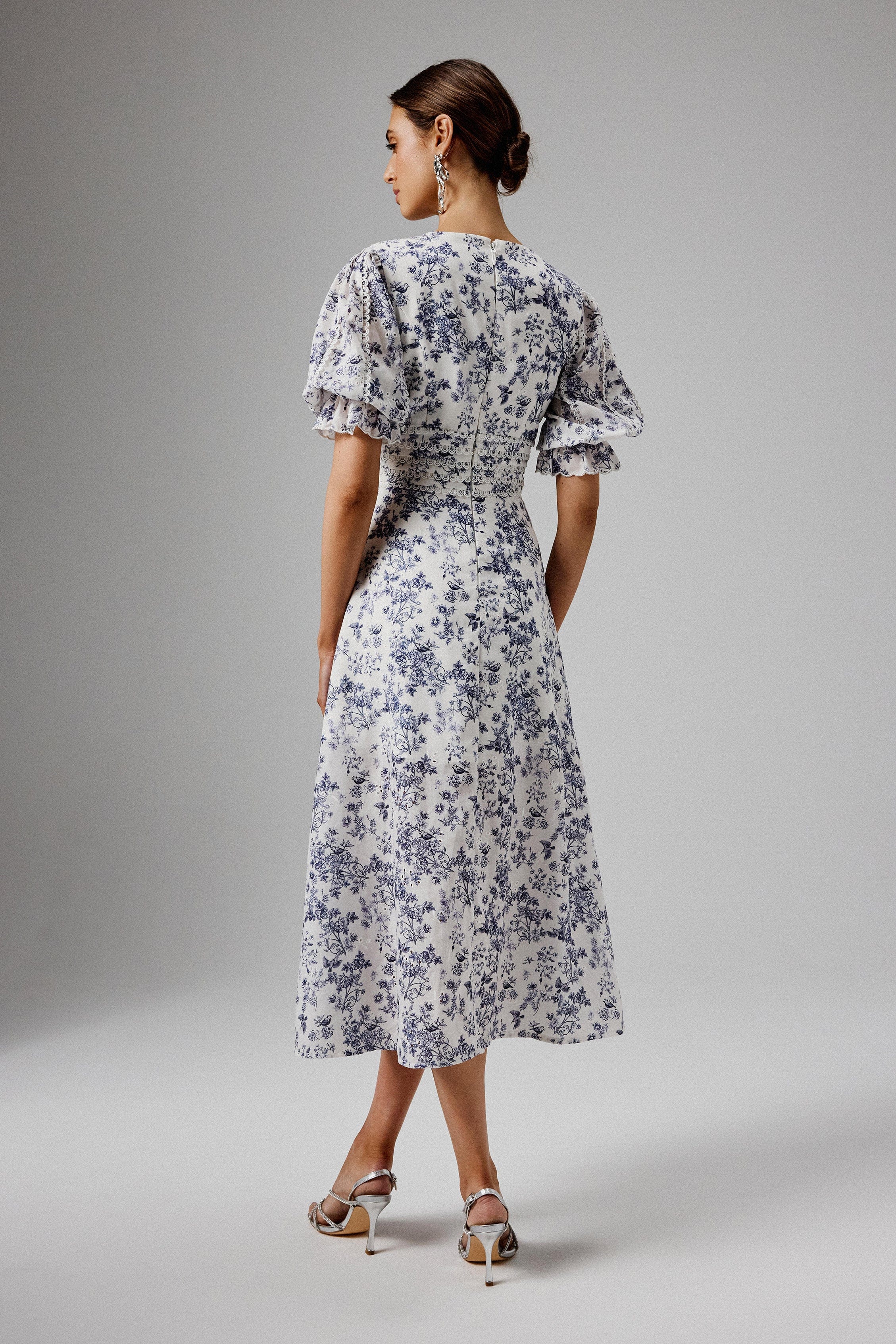 CINDY Micro Button and Loop Detail Long Midi Dress in Blue Porcelain Print