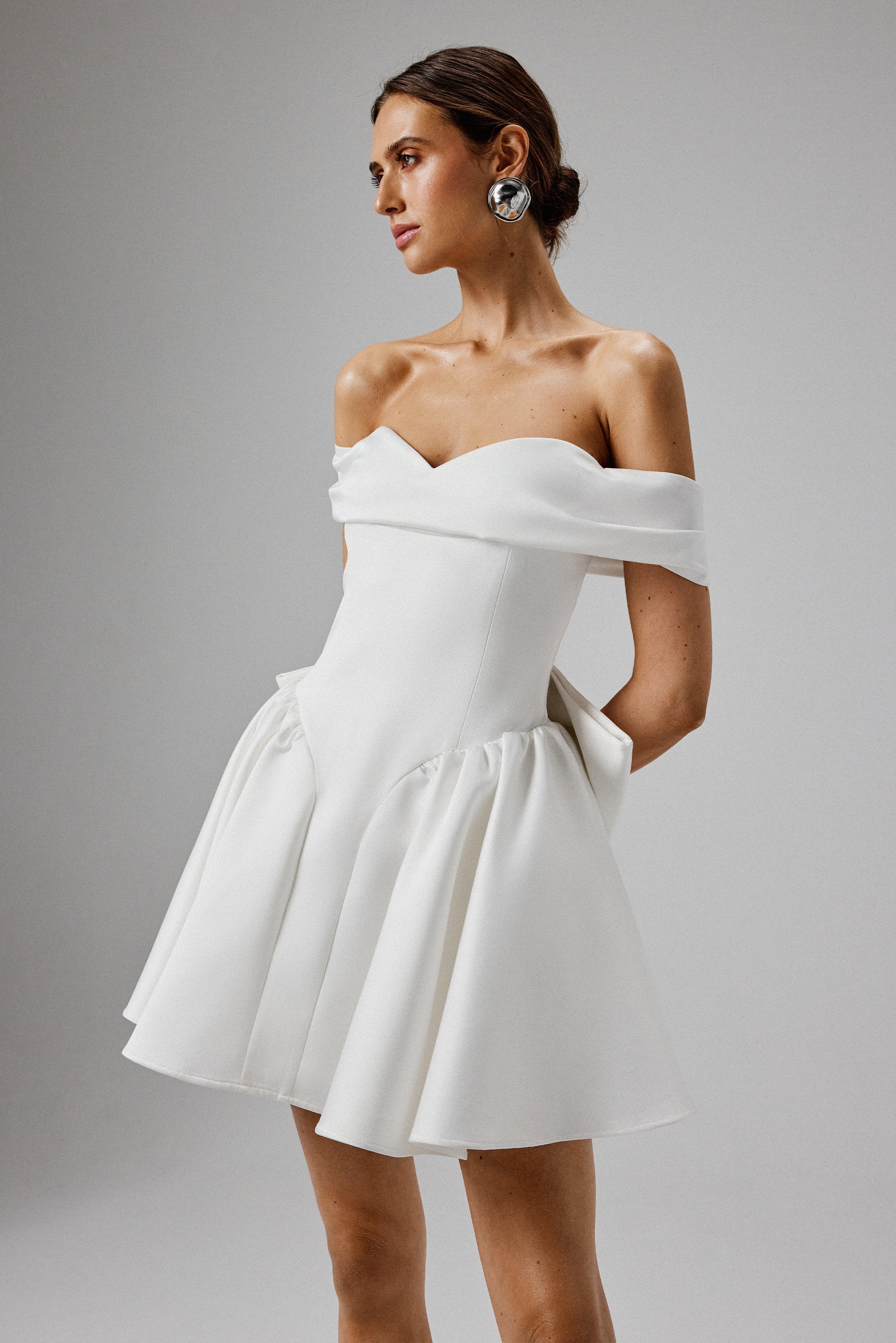 ORLY Off Shoulder Volume Flared Mini Dress in White