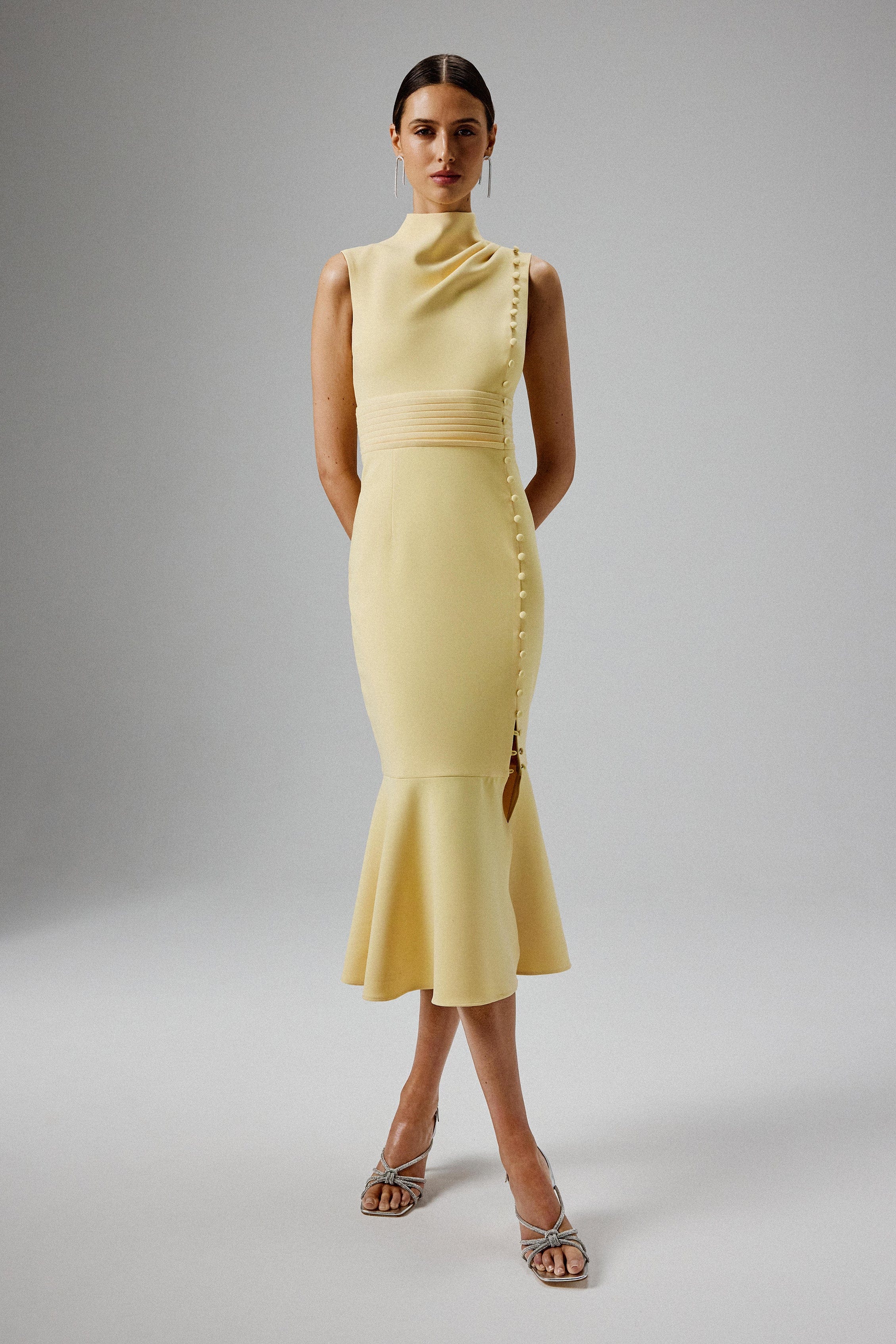 SAFFRON High Neck Micro Button Midi Dress in Yellow