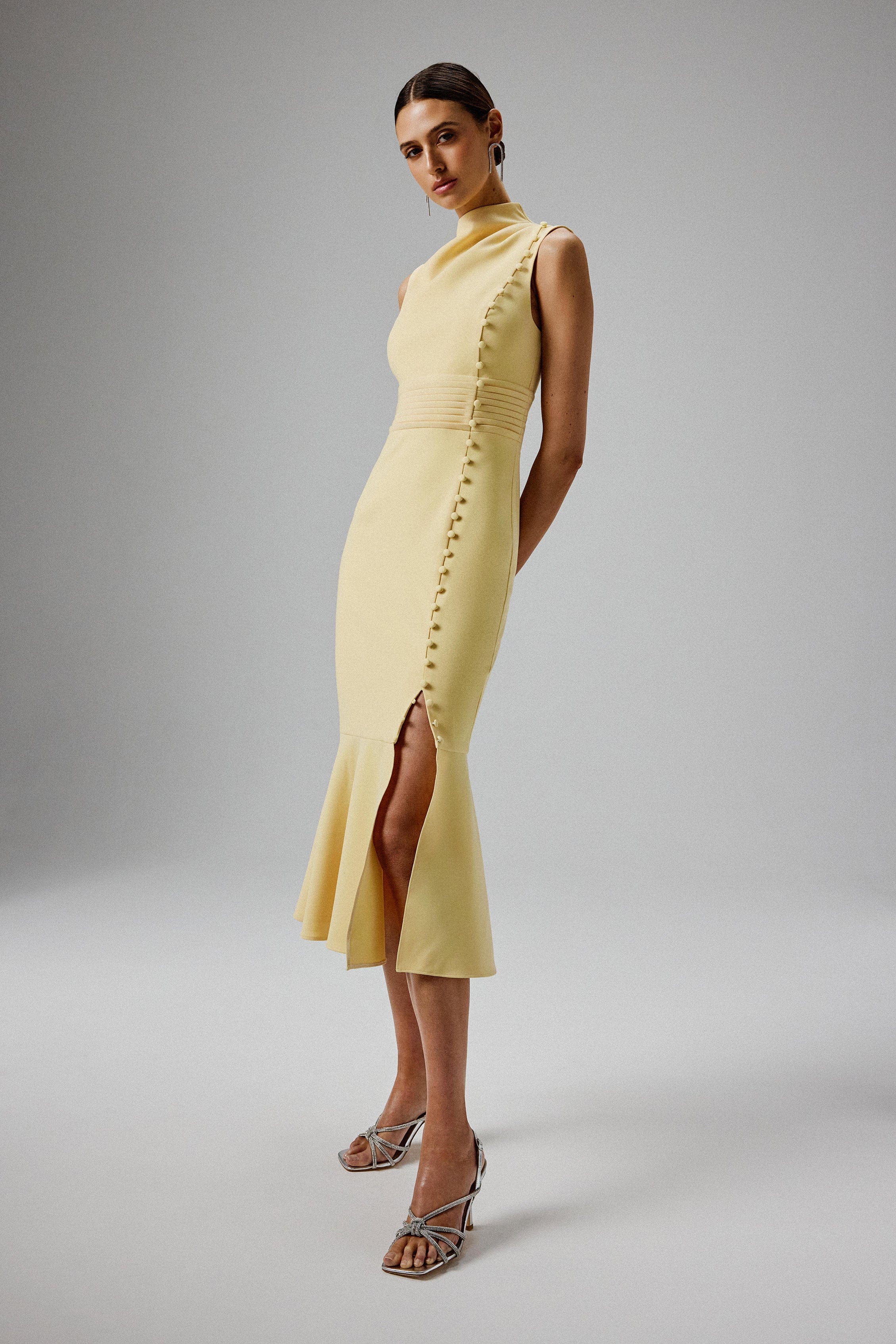 SAFFRON High Neck Micro Button Midi Dress in Yellow