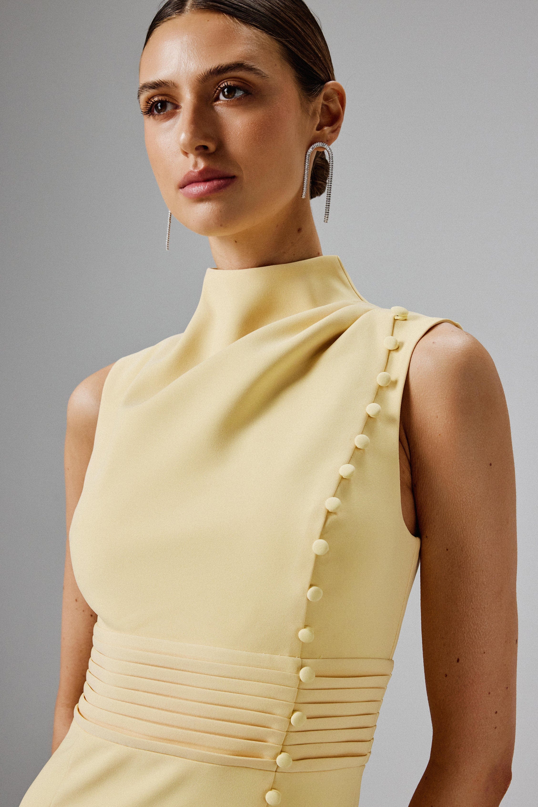 SAFFRON High Neck Micro Button Midi Dress in Yellow