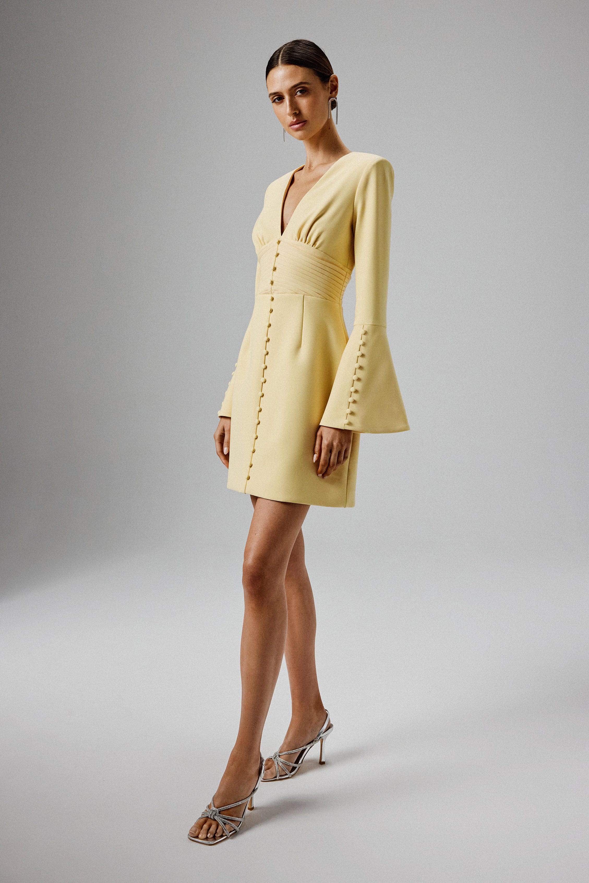 LARA Fluted Sleeve Micro Shell Button Mini Dress in Yellow