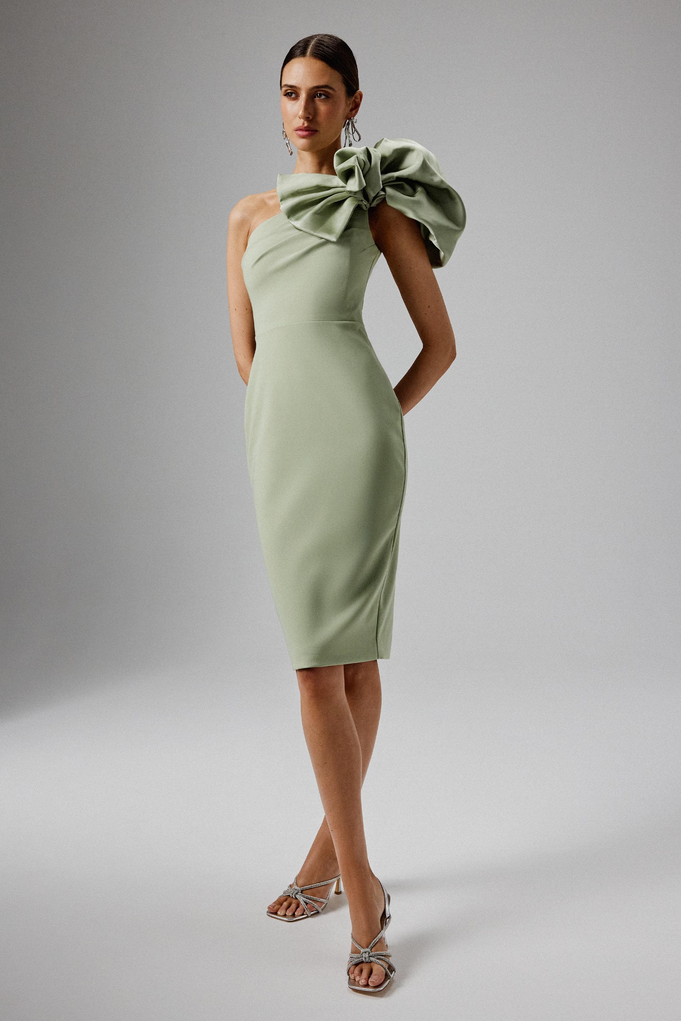 TAYTE One Shoulder Detail Midi Dress in Sage Green