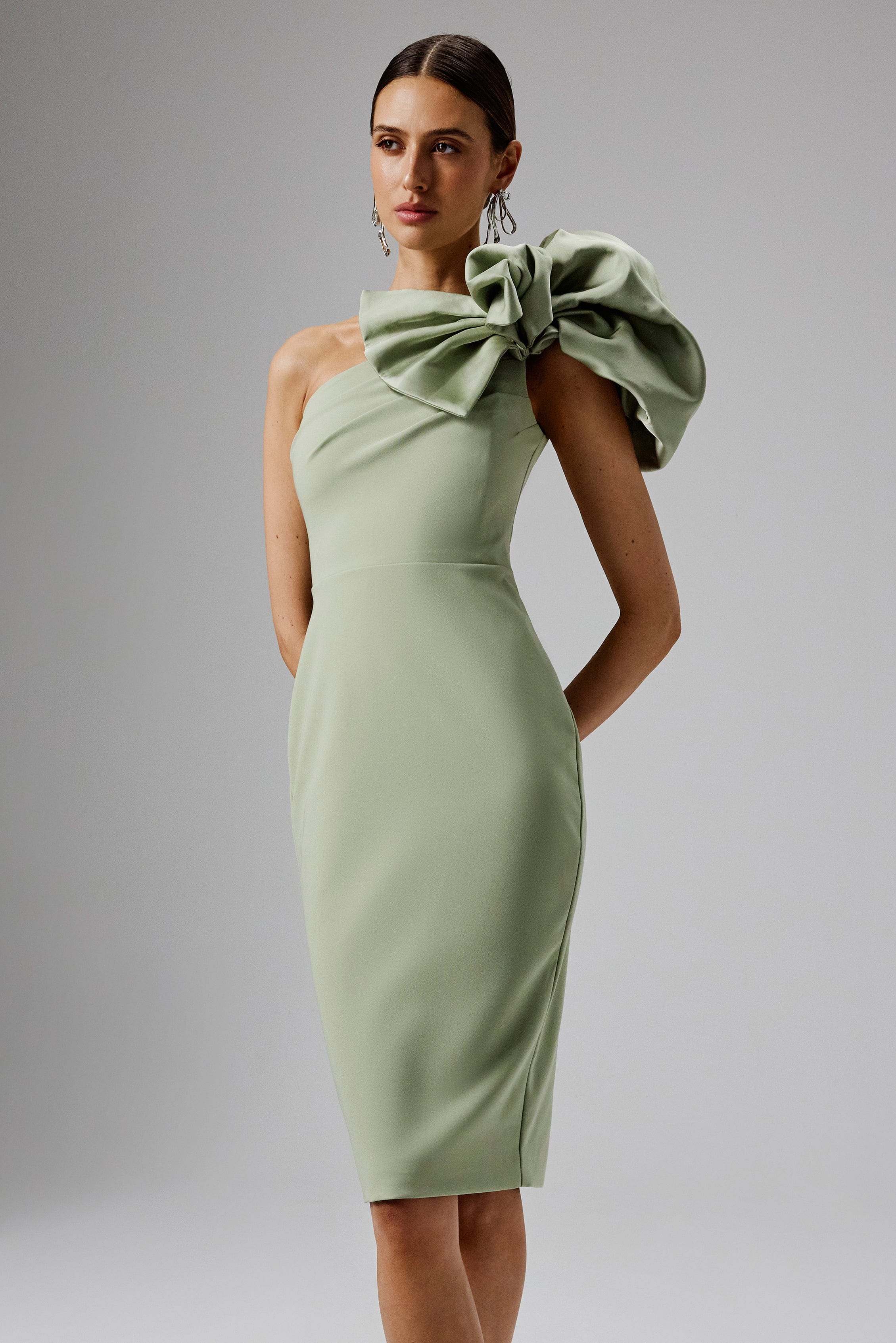 TAYTE One Shoulder Detail Midi Dress in Sage Green