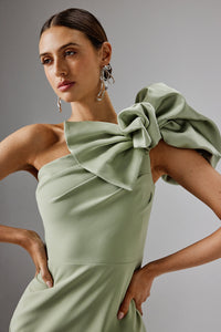TINA One Shoulder Embellished Bow Cape Midi Dress in Sage Green