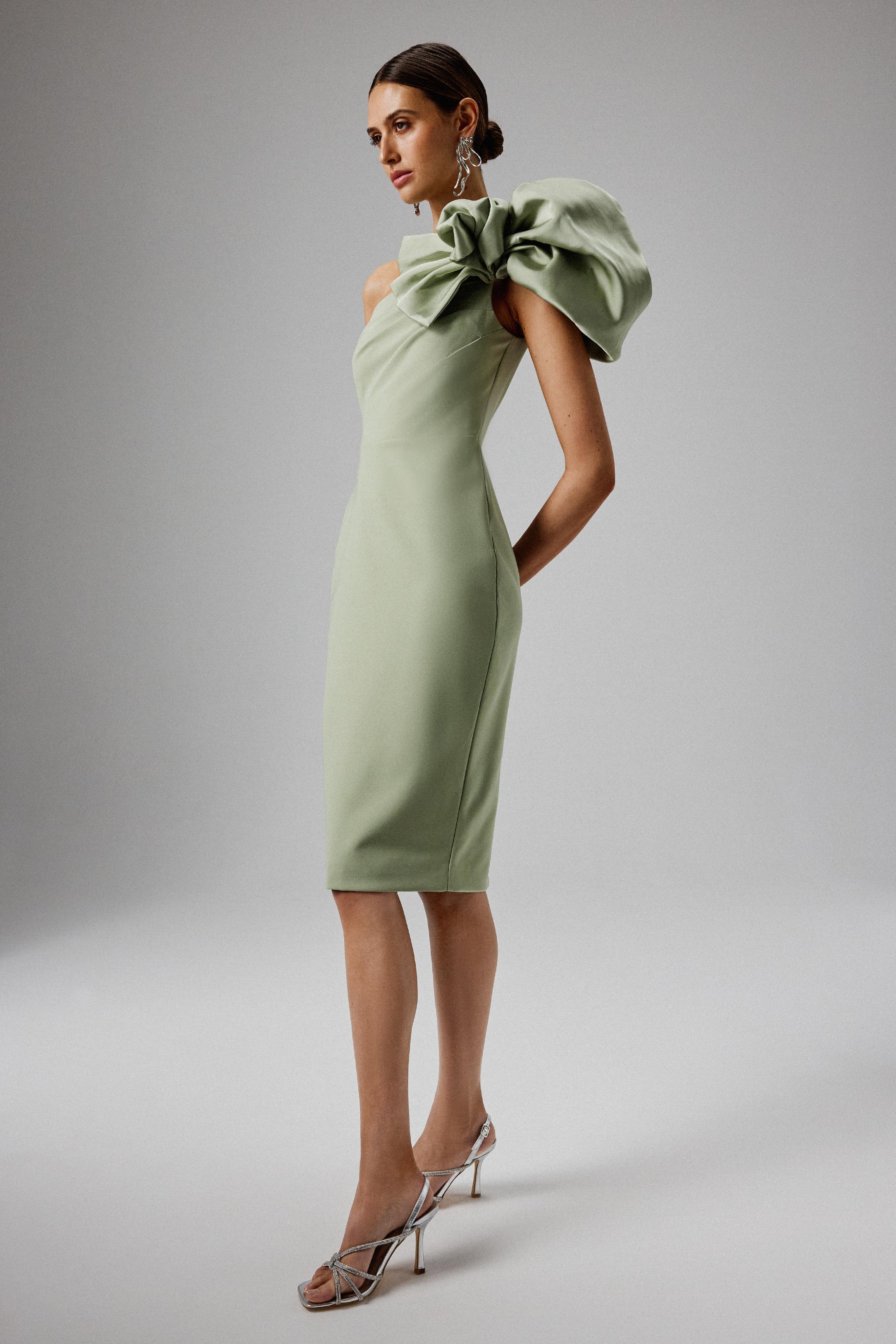 TAYTE One Shoulder Detail Midi Dress in Sage Green