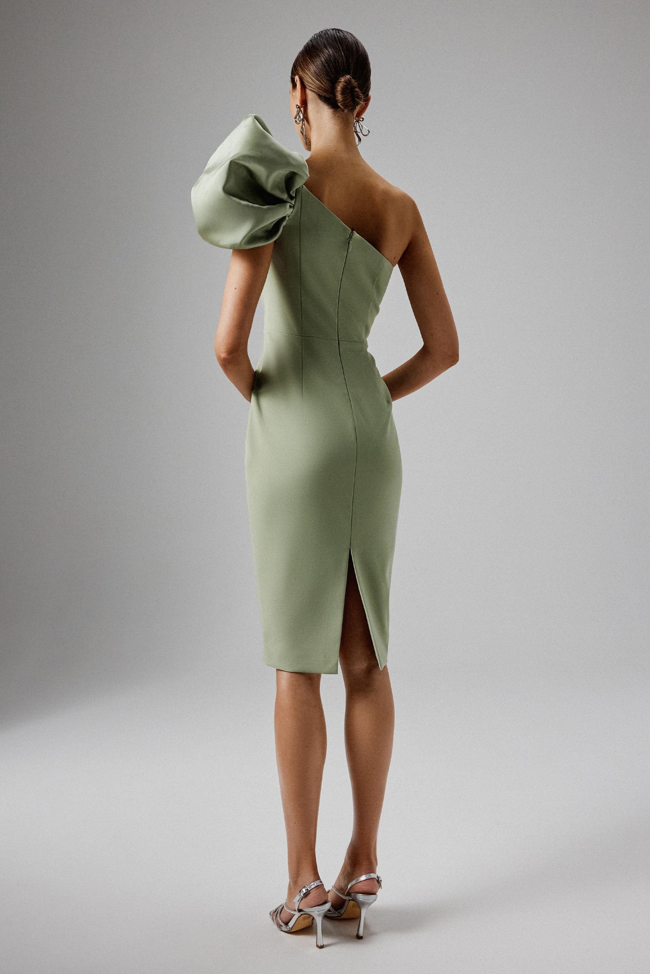 TAYTE One Shoulder Detail Midi Dress in Sage Green