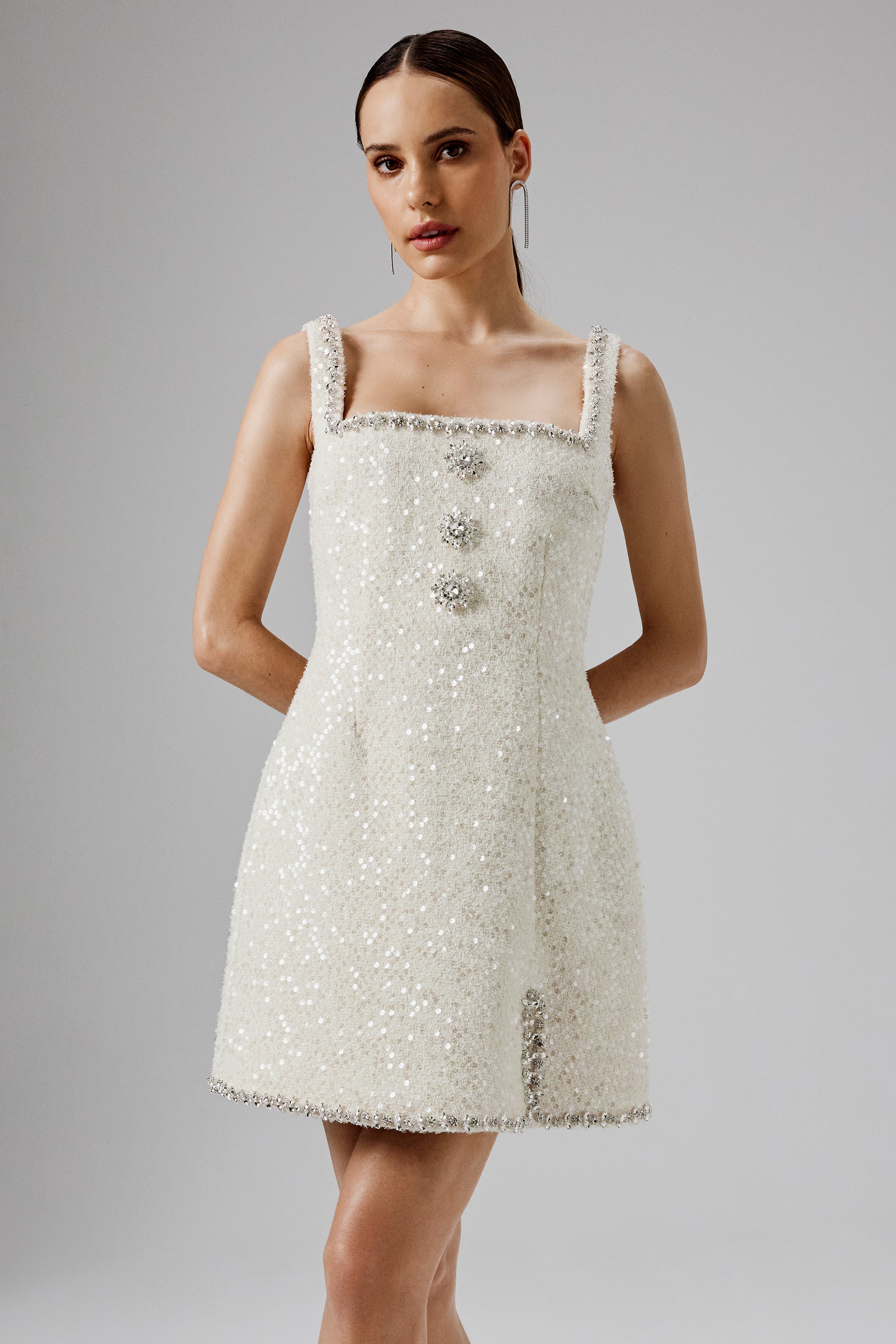 ZOEY Embellished Boucle Tulip Mini Dress in Beige