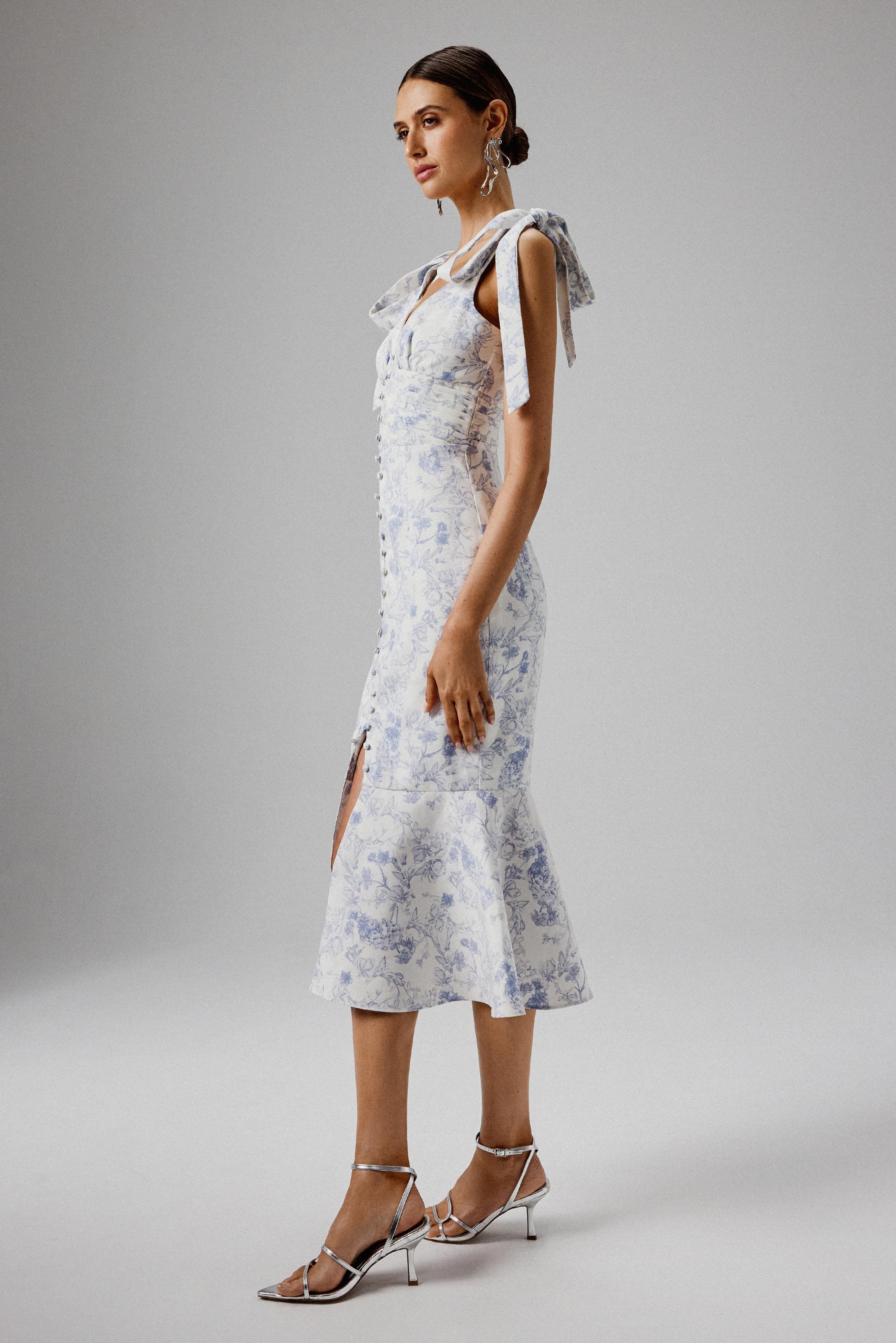 KAMILA Tie Strap Micro Button Crepe Midi Dress in Blue Porcelain Print