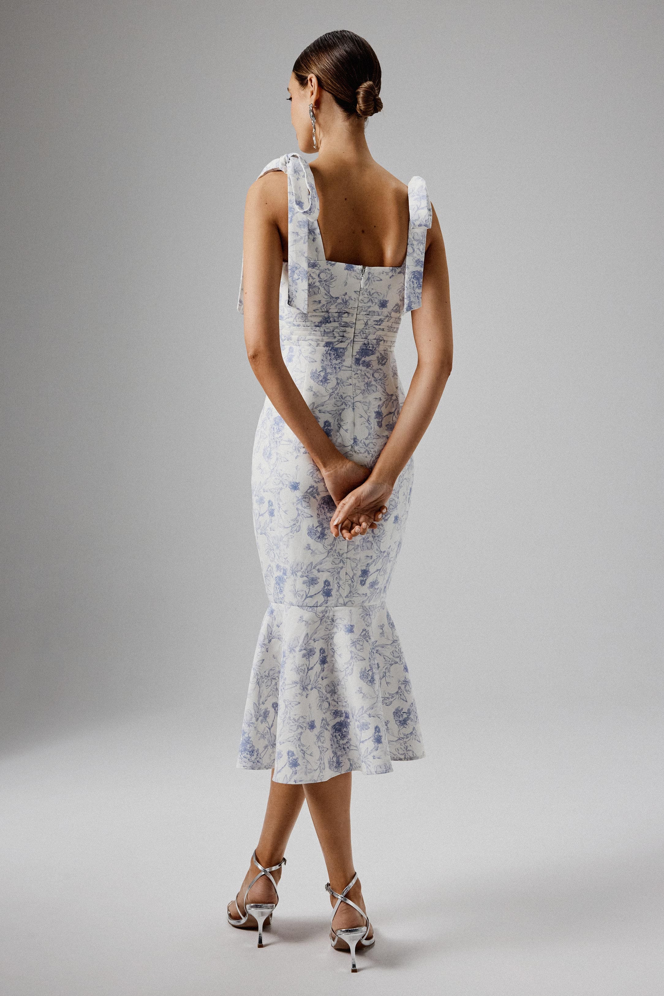 KAMILA Tie Strap Micro Button Crepe Midi Dress in Blue Porcelain Print