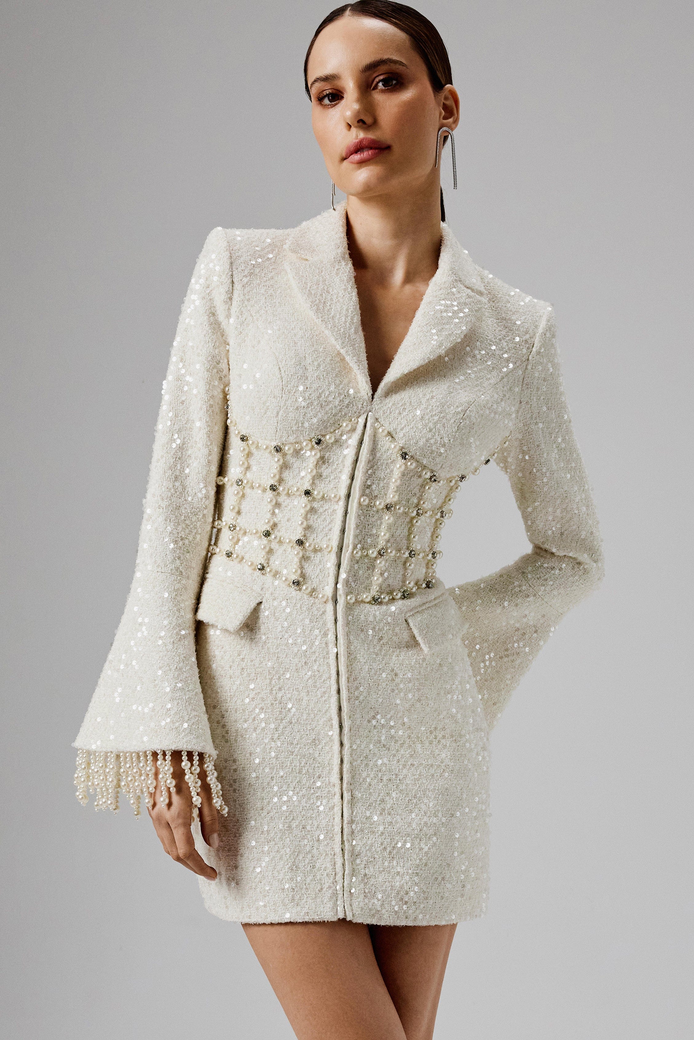 CLARA Pearl Embellished Mini Boucle Blazer Dress in Beige