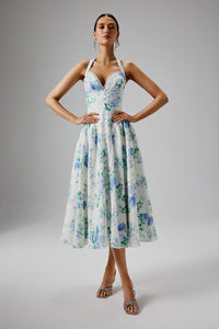 HALEY Micro Button and Loop Detail Volume Flared Midi Dress in Floral Broderie