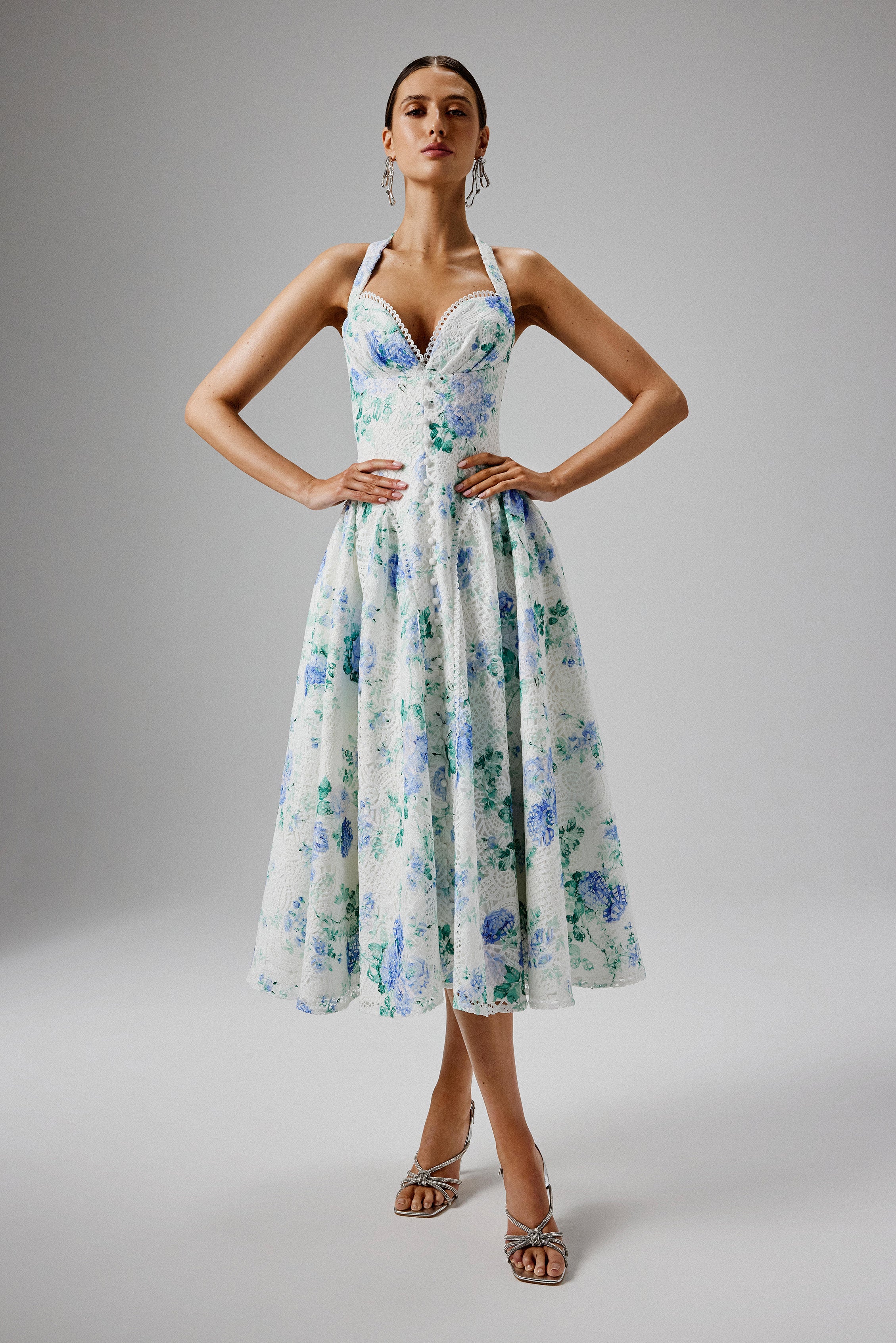 HALEY Micro Button and Loop Detail Volume Flared Midi Dress in Floral Broderie