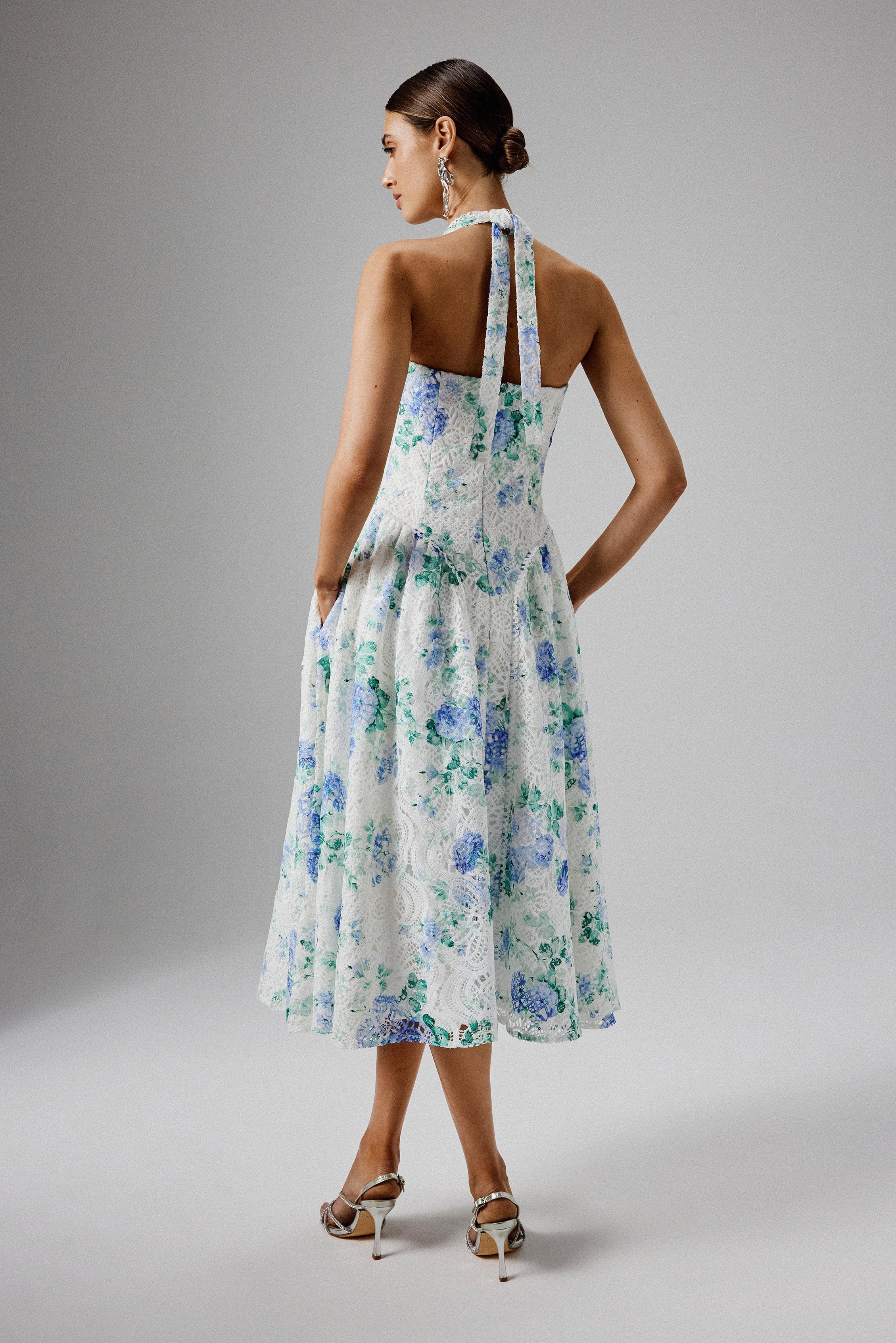 HALEY Micro Button and Loop Detail Volume Flared Midi Dress in Floral Broderie