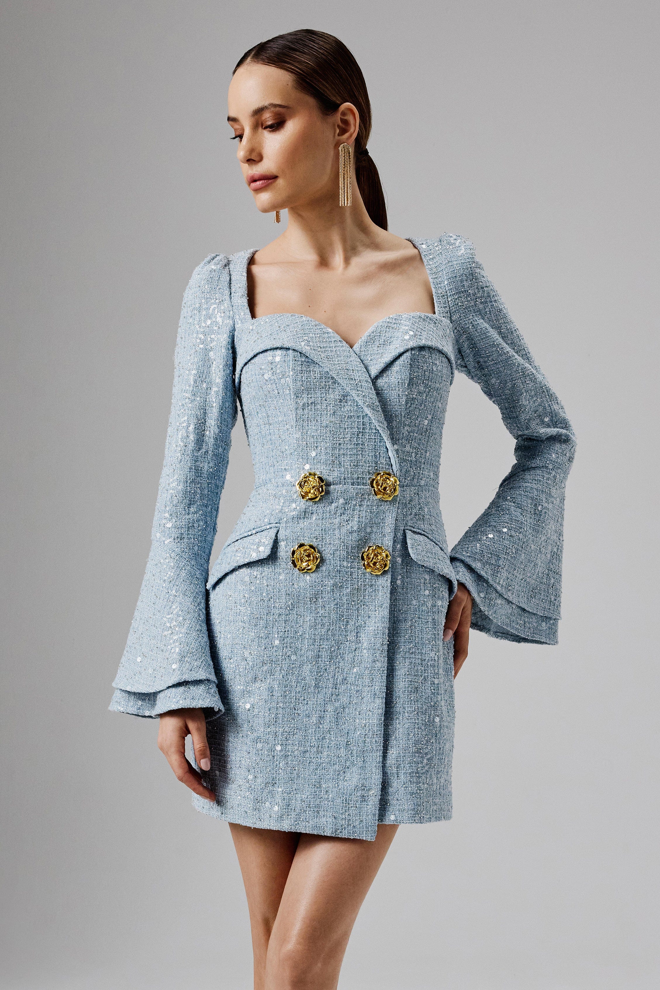 REBECCAH Oversized Rose Button Boucle Blazer Mini Dress in Blue