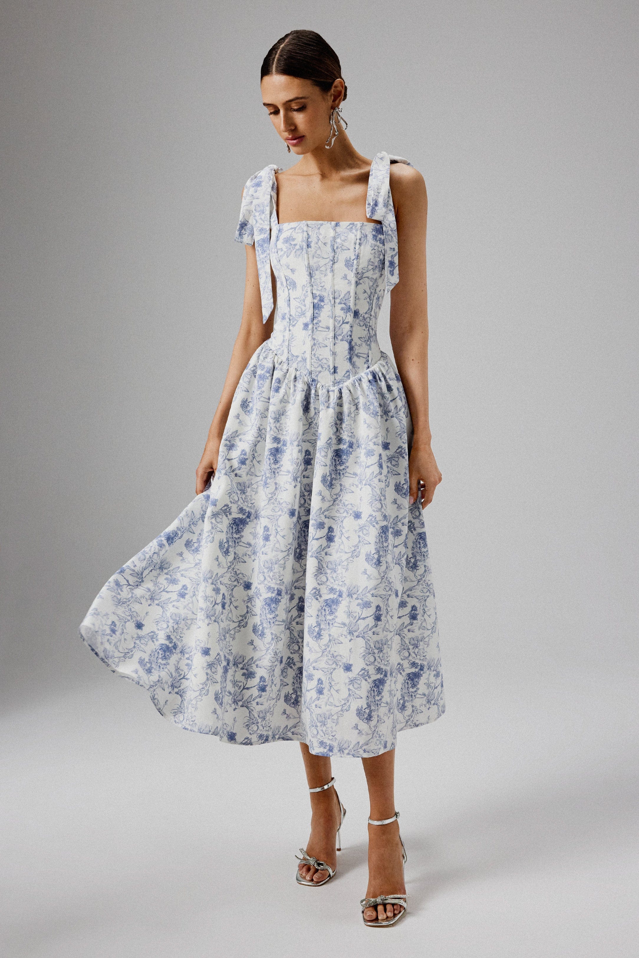 BLOSSOM Tie Shoulder Corset Sundress In Blue Porcelain