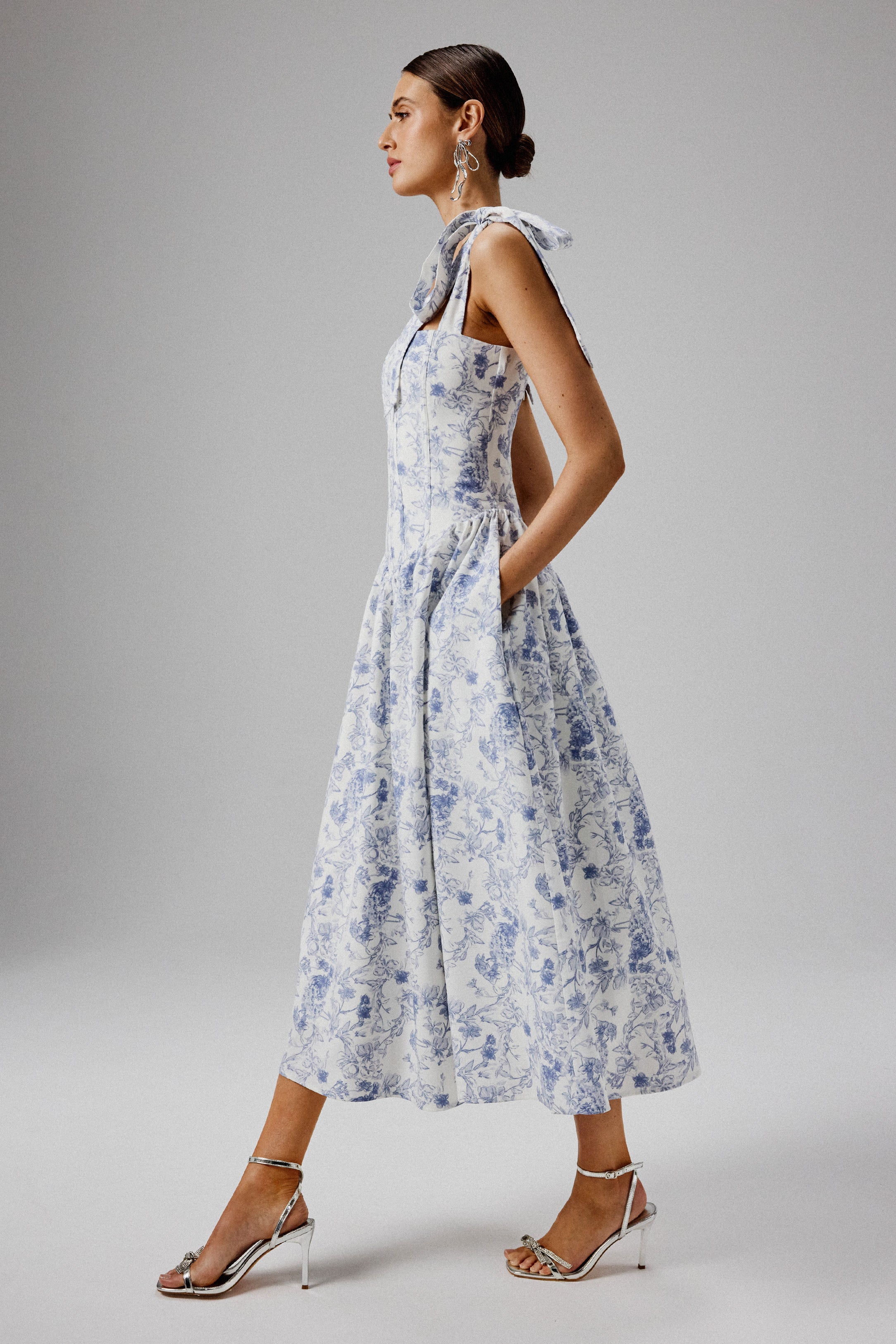 BLOSSOM Tie Shoulder Corset Sundress In Blue Porcelain