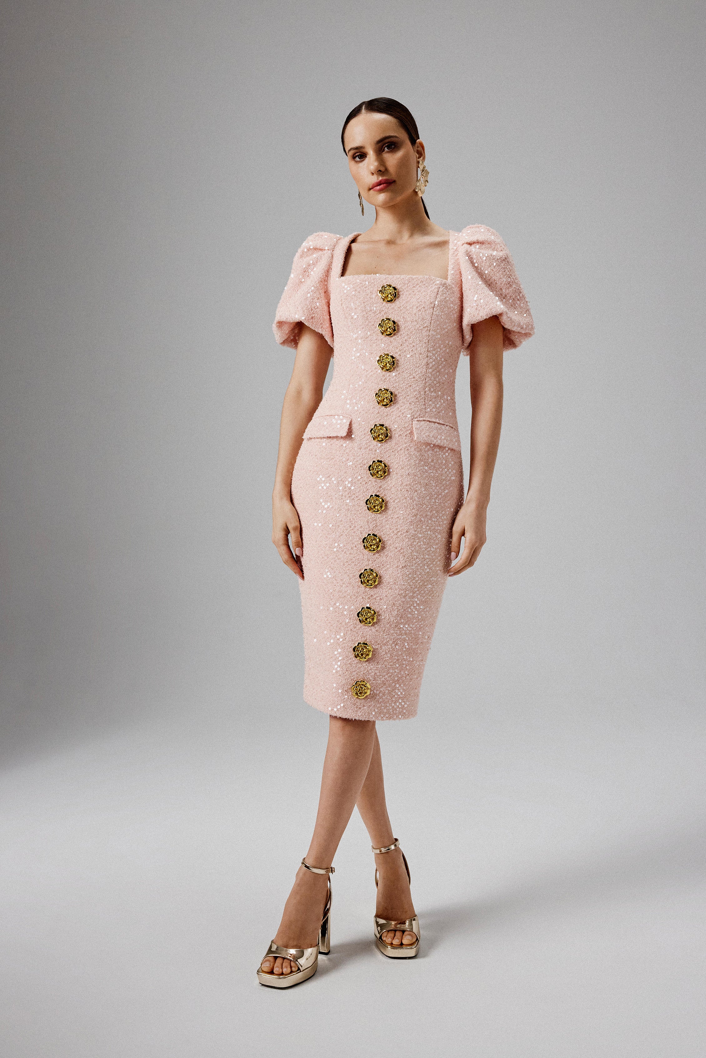 GABI Puff Sleeve Boucle Midi Dress with Rose Embellishment in Pink