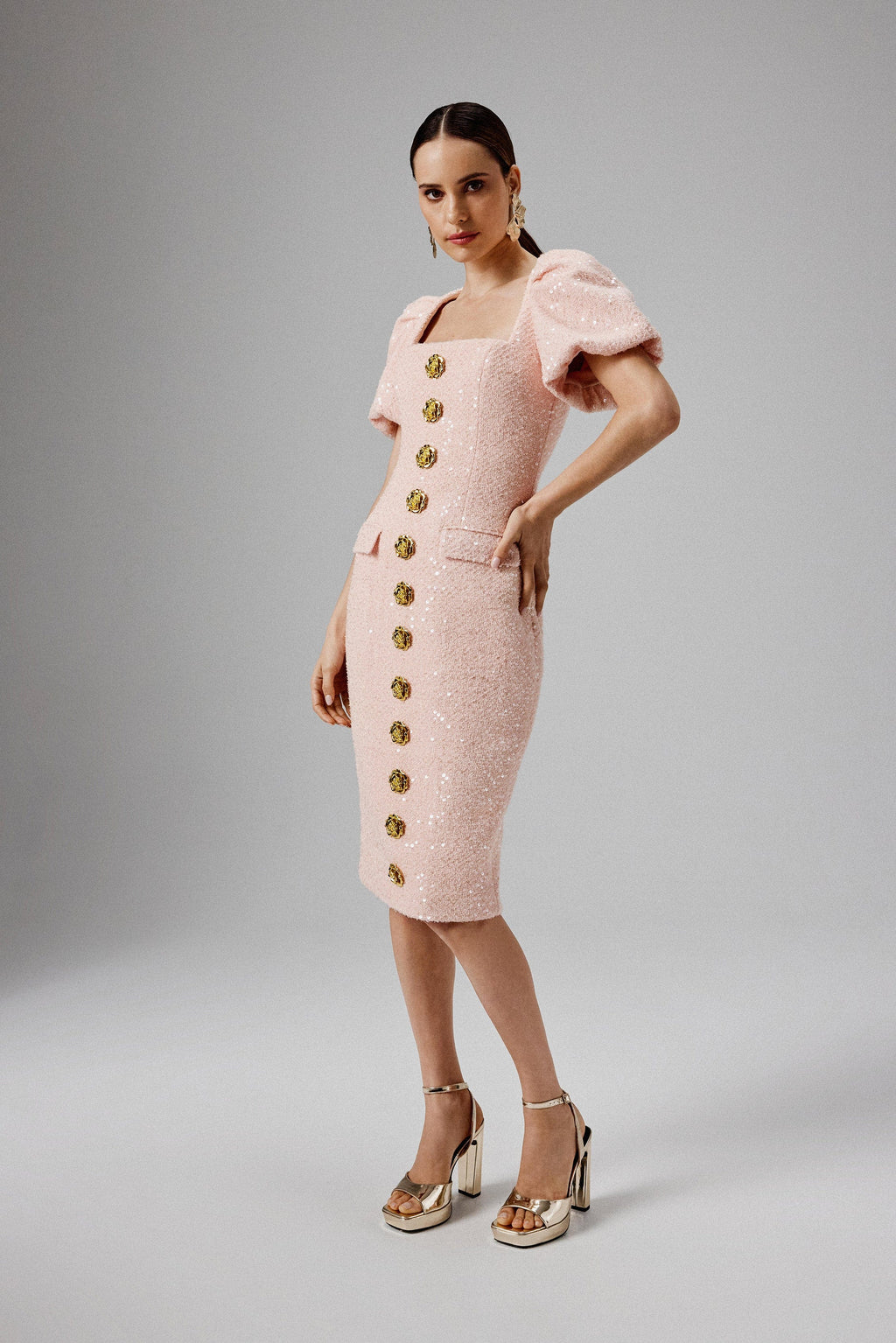 GABI Puff Sleeve Boucle Midi Dress with Rose Embellishment in Pink - Main Image