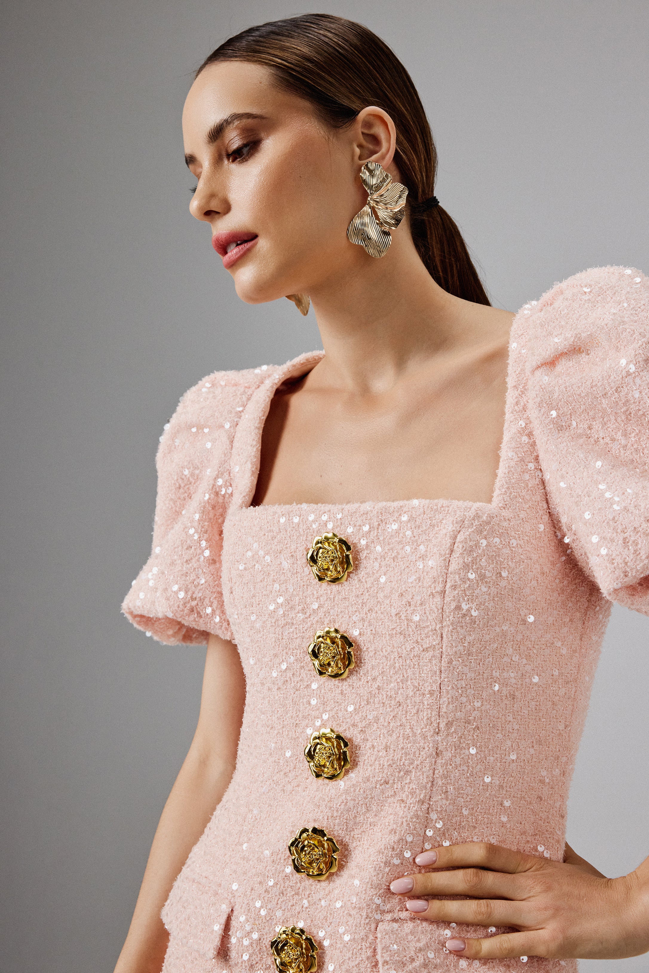 GABI Puff Sleeve Boucle Midi Dress with Rose Embellishment in Pink