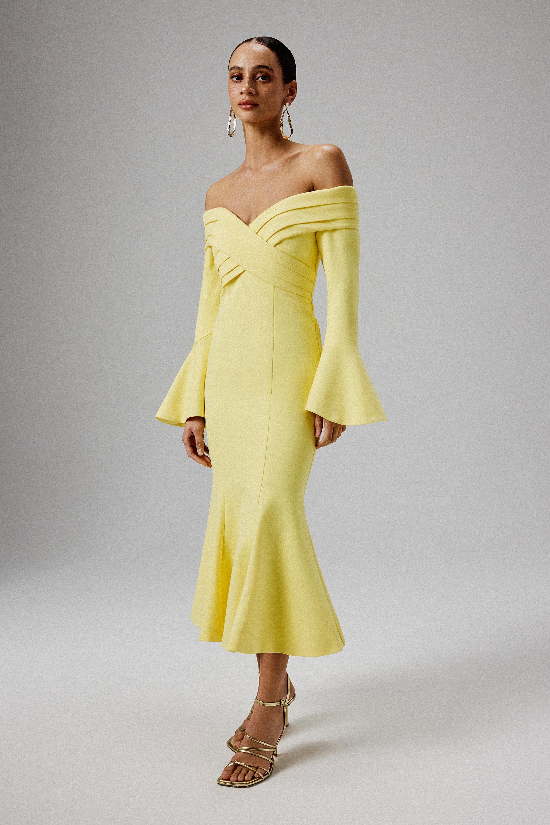 AMELIA Ponte Off Shoulder Fluted Sleeve Midi Dress in Yellow