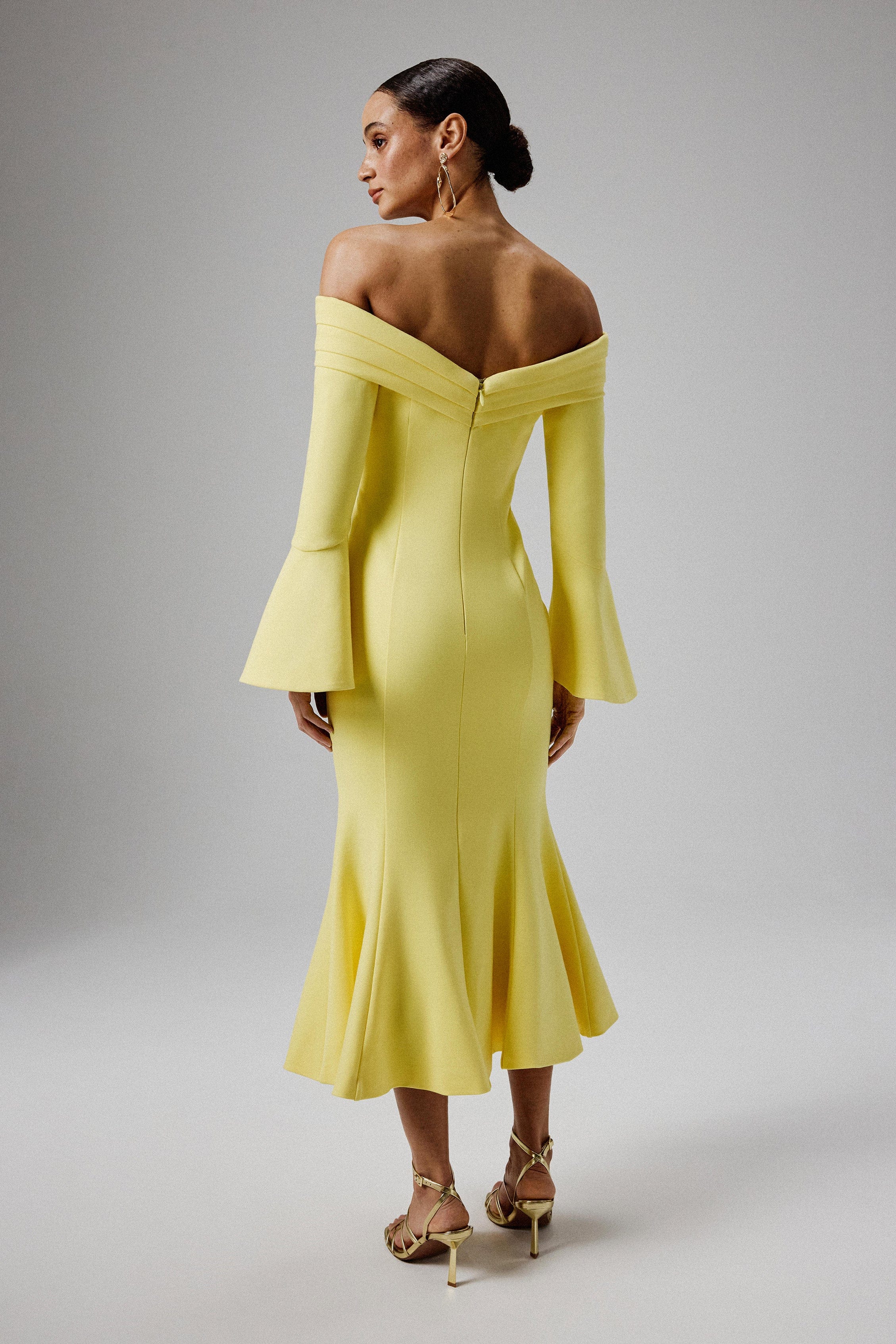 AMELIA Ponte Off Shoulder Fluted Sleeve Midi Dress in Yellow