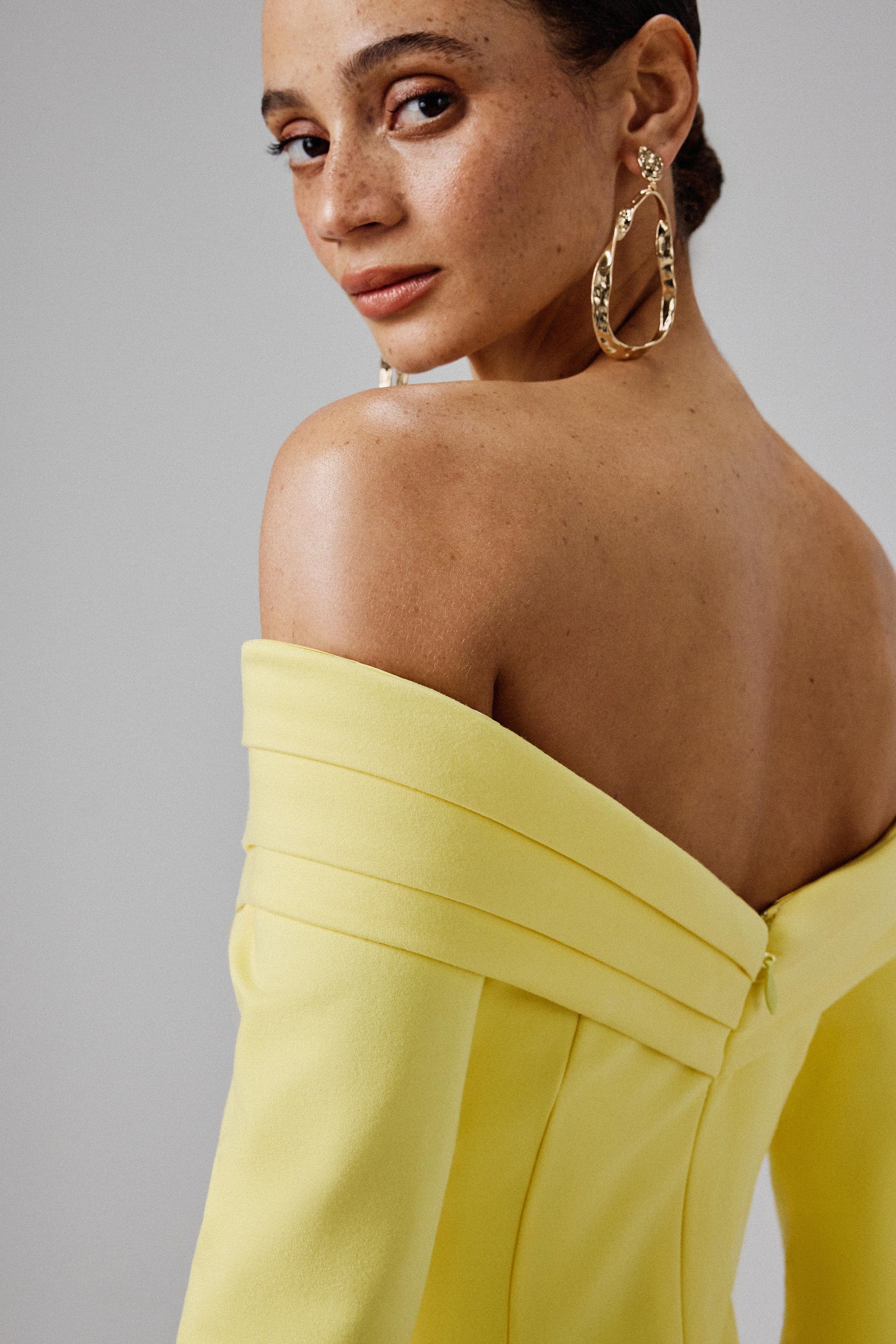 AMELIA Ponte Off Shoulder Fluted Sleeve Midi Dress in Yellow