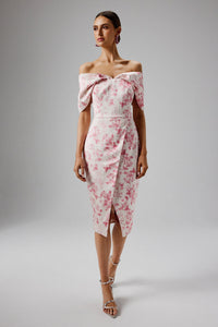 KAMILA Tie Strap Micro Button Crepe Midi Dress in Blue Porcelain Print
