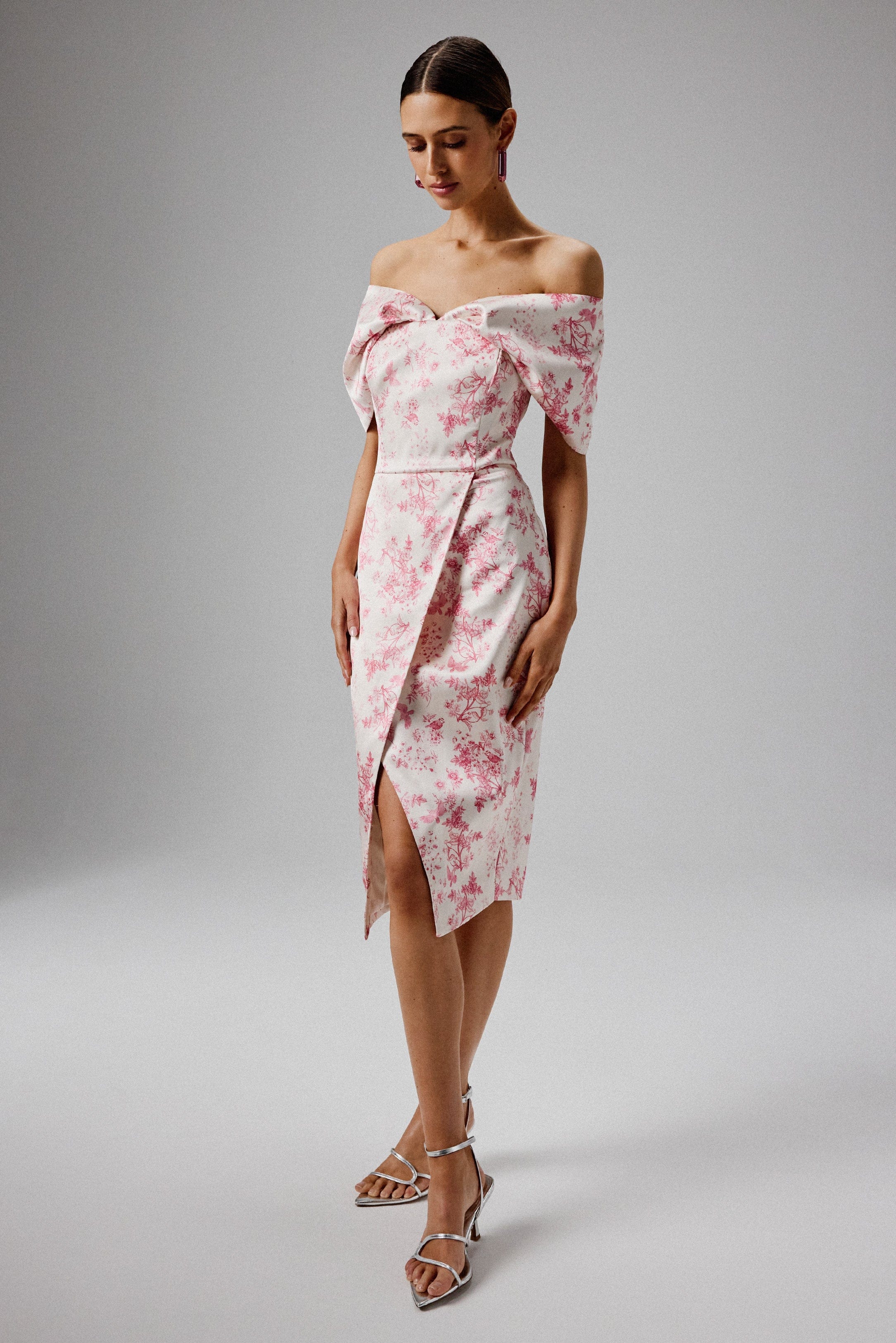 HARLEEN Draped Bardot Bonded Satin Midi Dress in Pink Porcelain