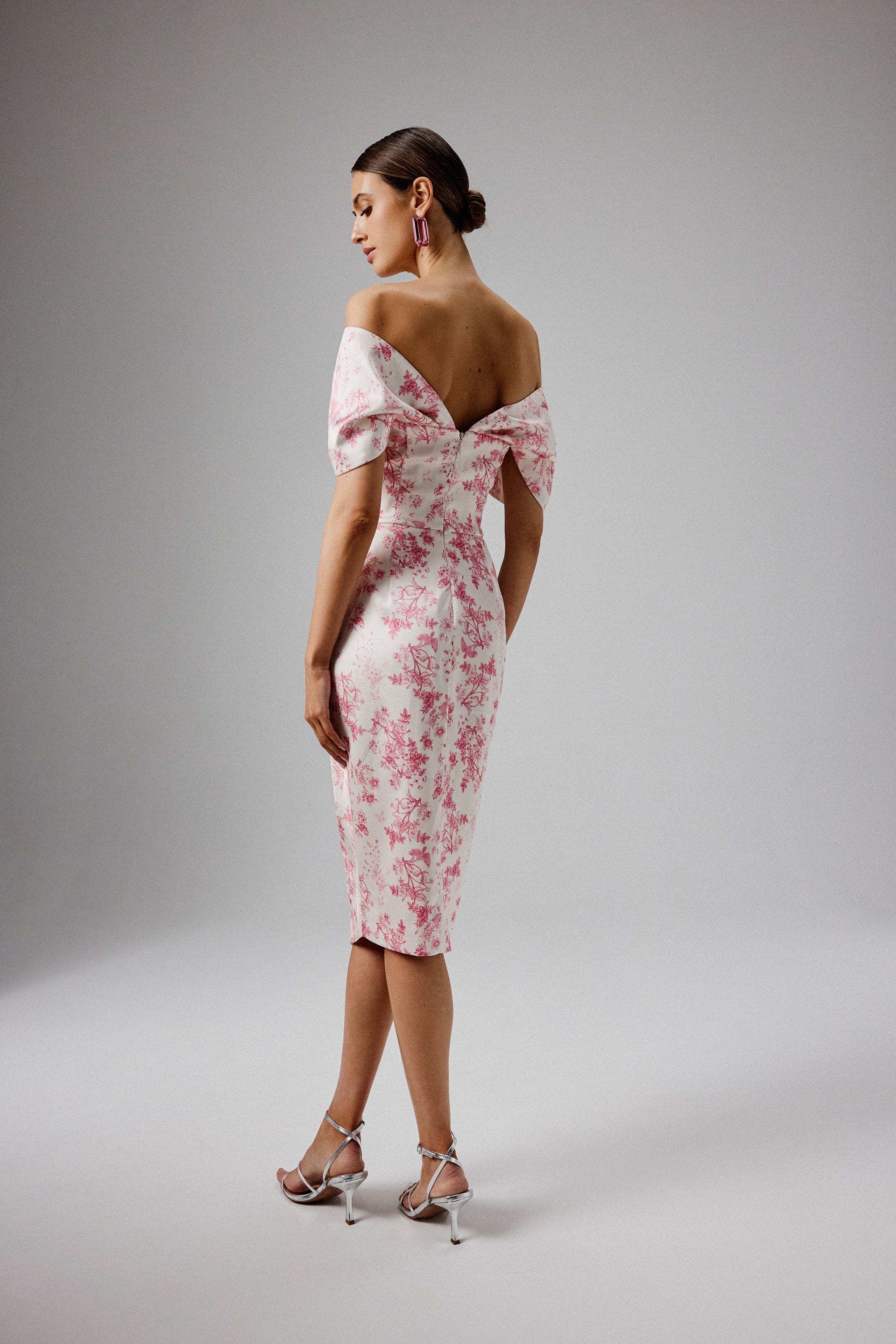 HARLEEN Draped Bardot Bonded Satin Midi Dress in Pink Porcelain