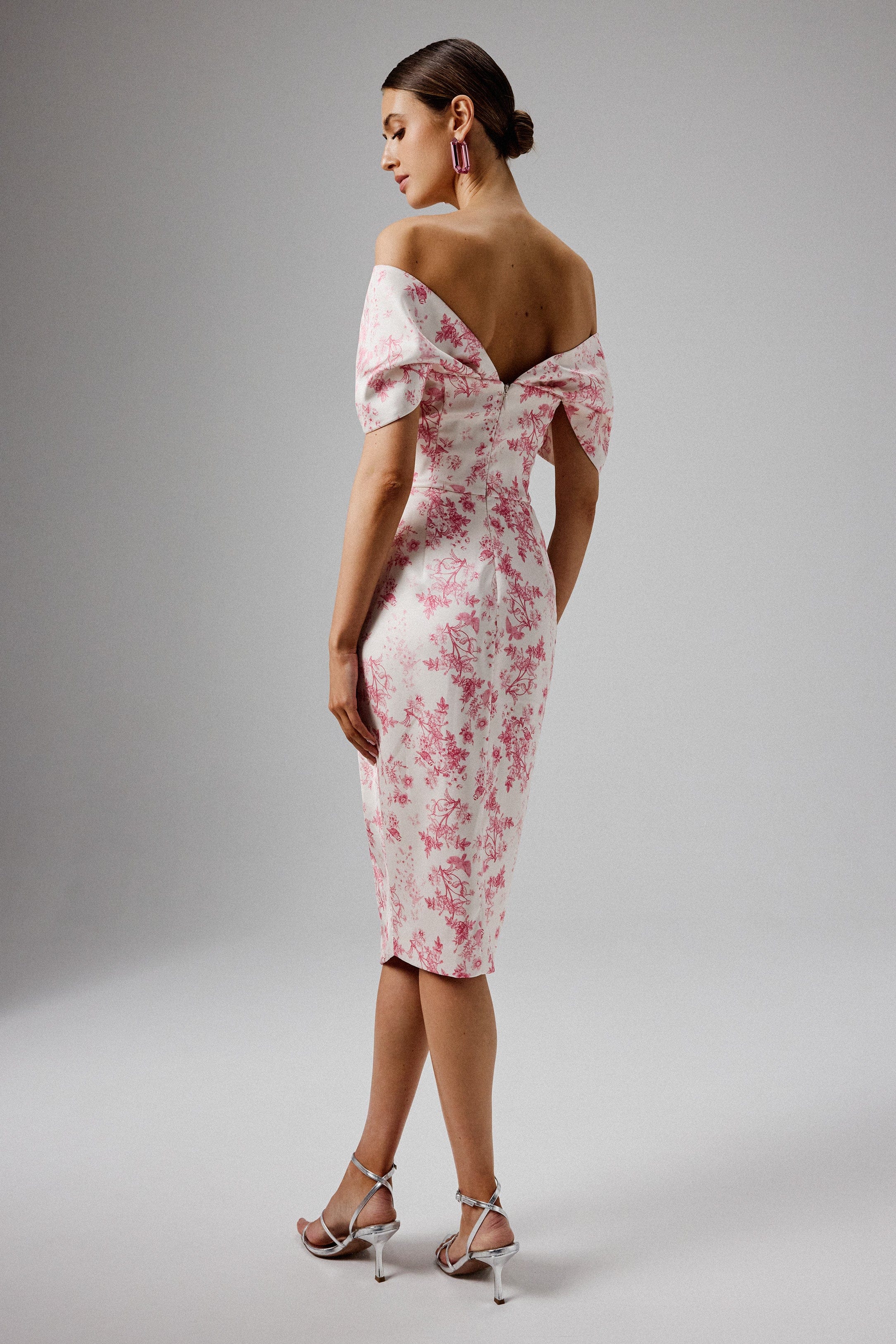 HARLEEN Draped Bardot Bonded Satin Midi Dress in Pink Porcelain