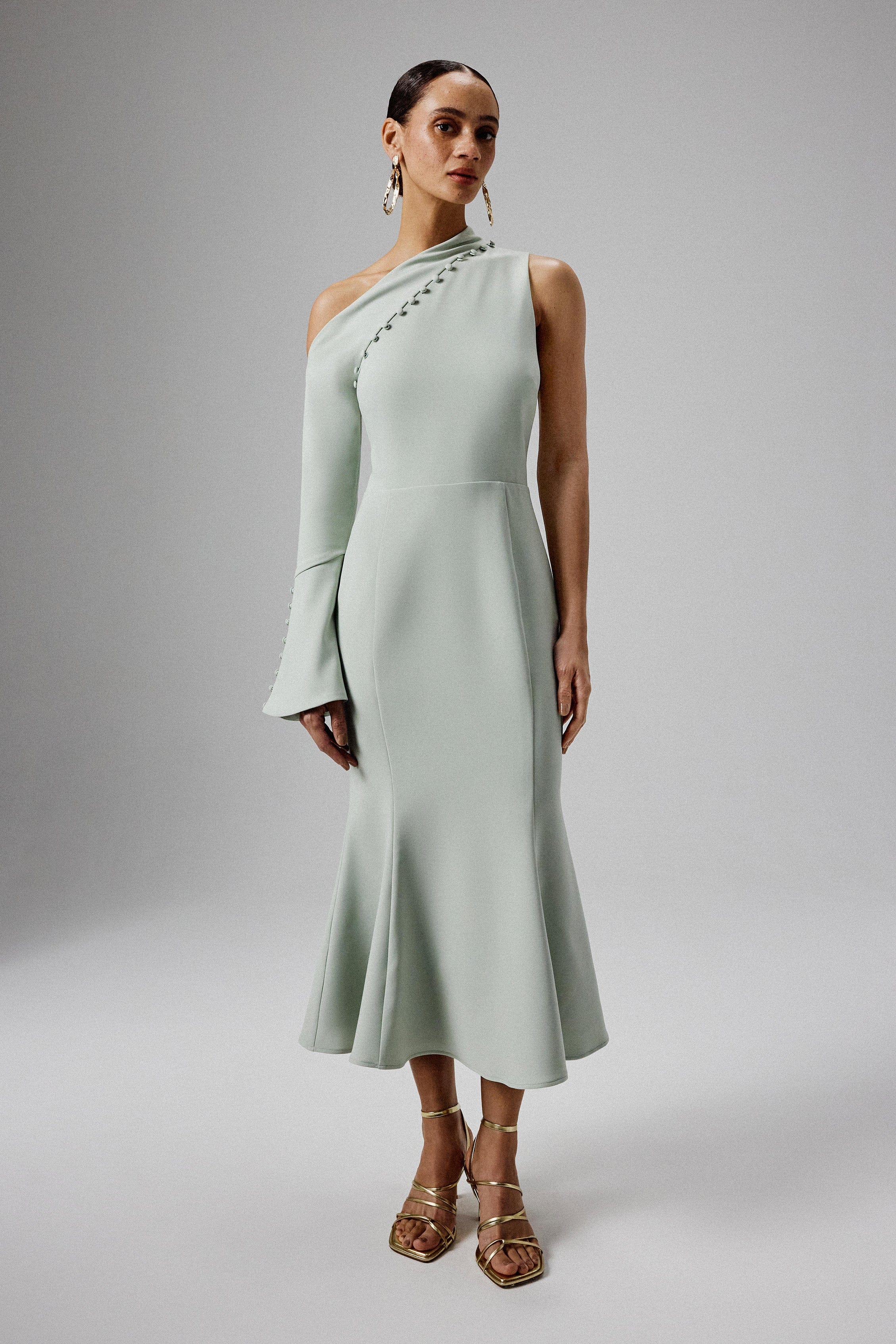 MADDIE Asymmetric Split Shoulder Midi Dress in Sage Green