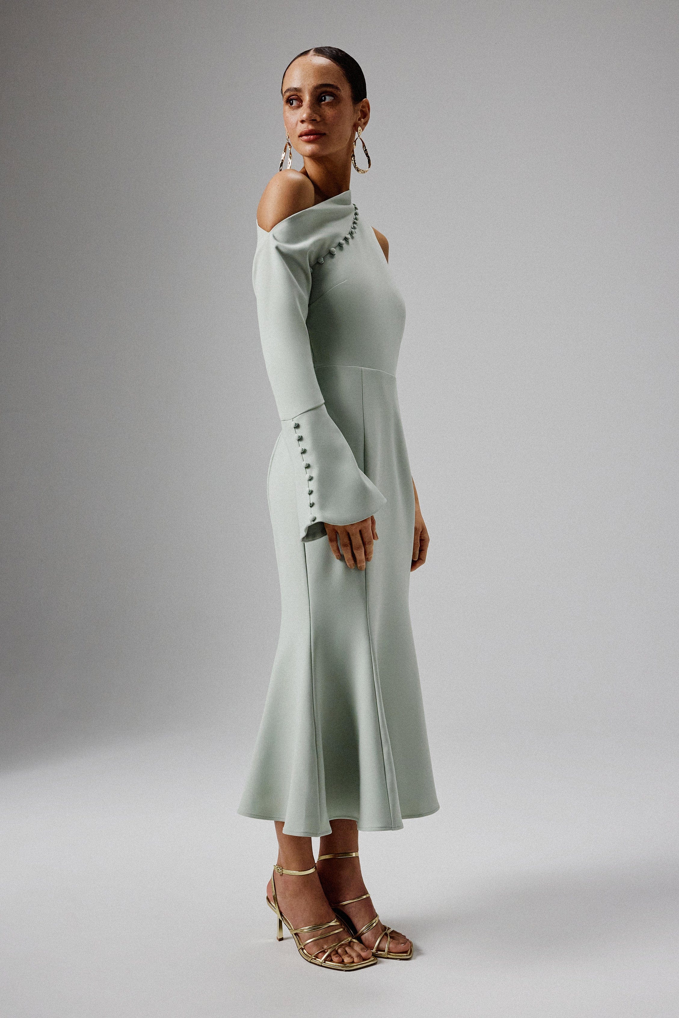 MADDIE Asymmetric Split Shoulder Midi Dress in Sage Green