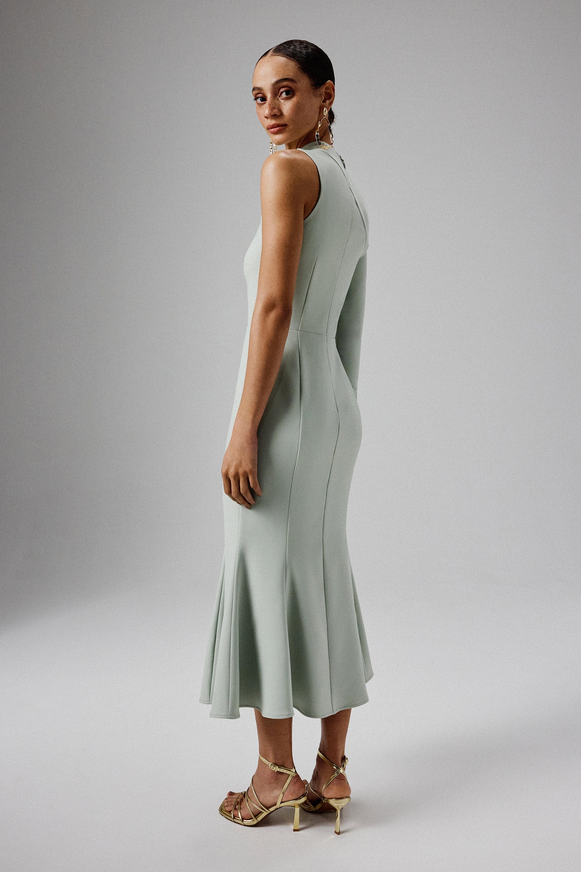 MADDIE Asymmetric Split Shoulder Midi Dress in Sage Green