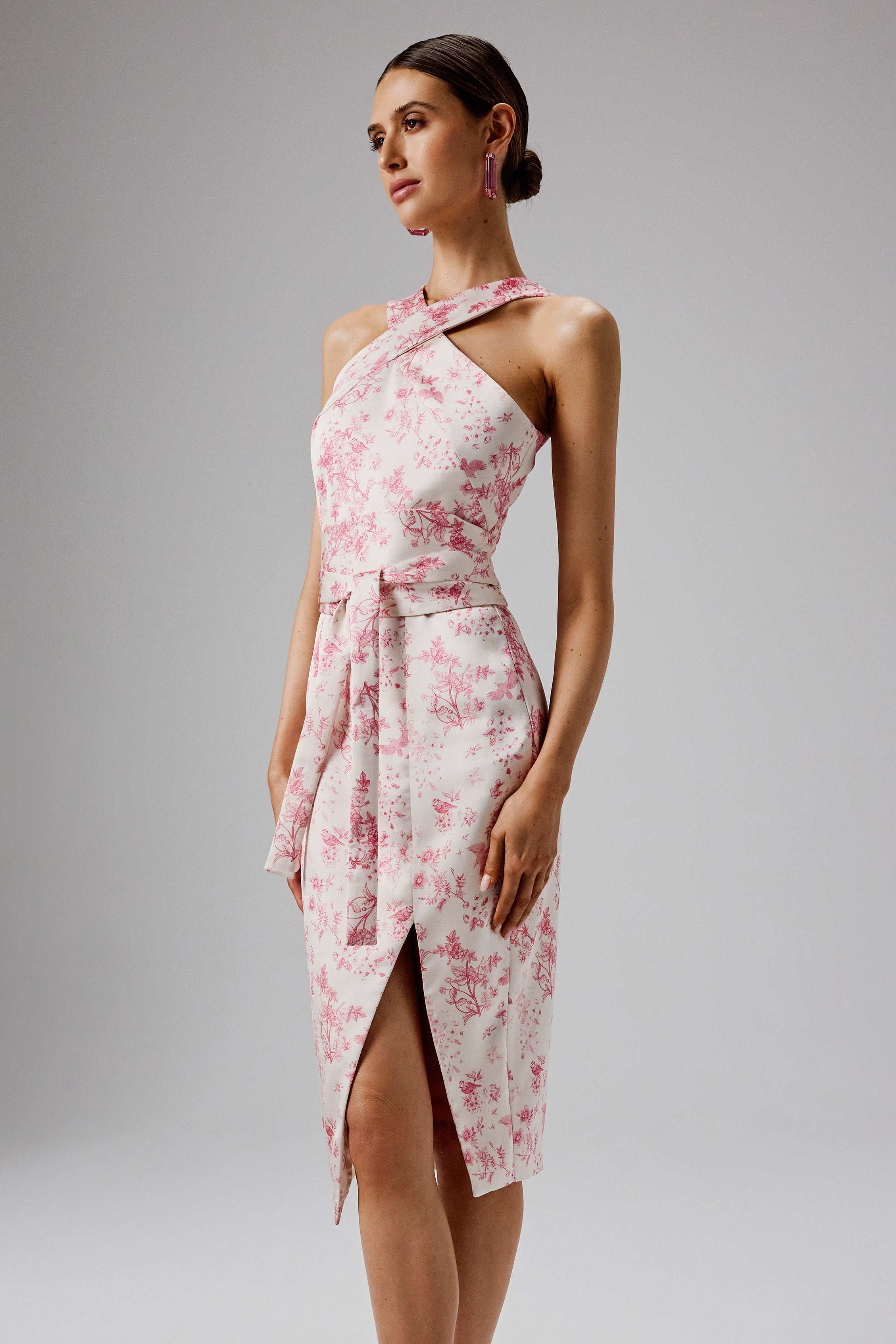 BRIELLE Bonded Satin Obi Belted Halterneck Midi Dress in Pink Porcelain